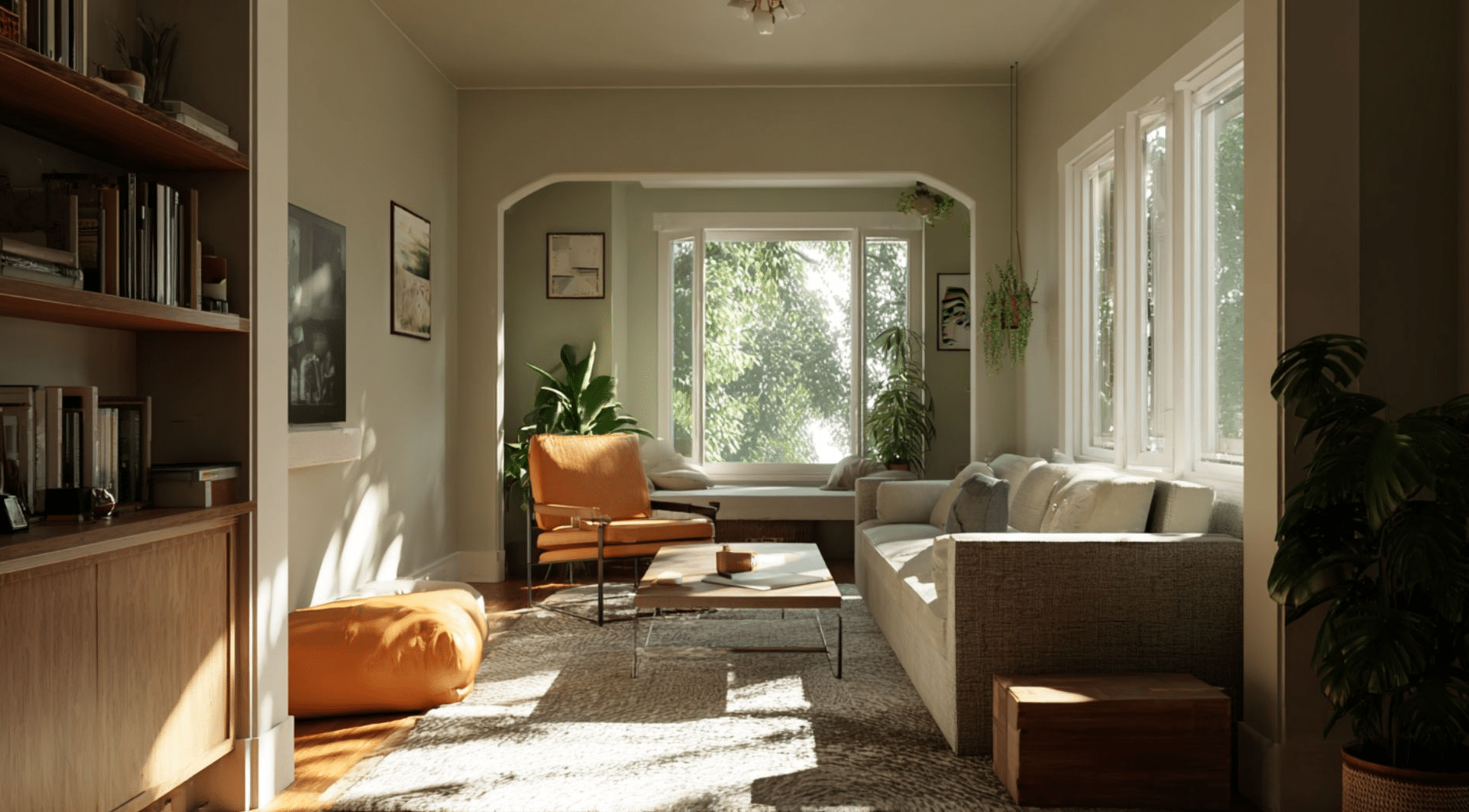 Sunlit living room with a cozy sofa, orange chair, plants, and large windows. Bookshelf and art add warmth and character.