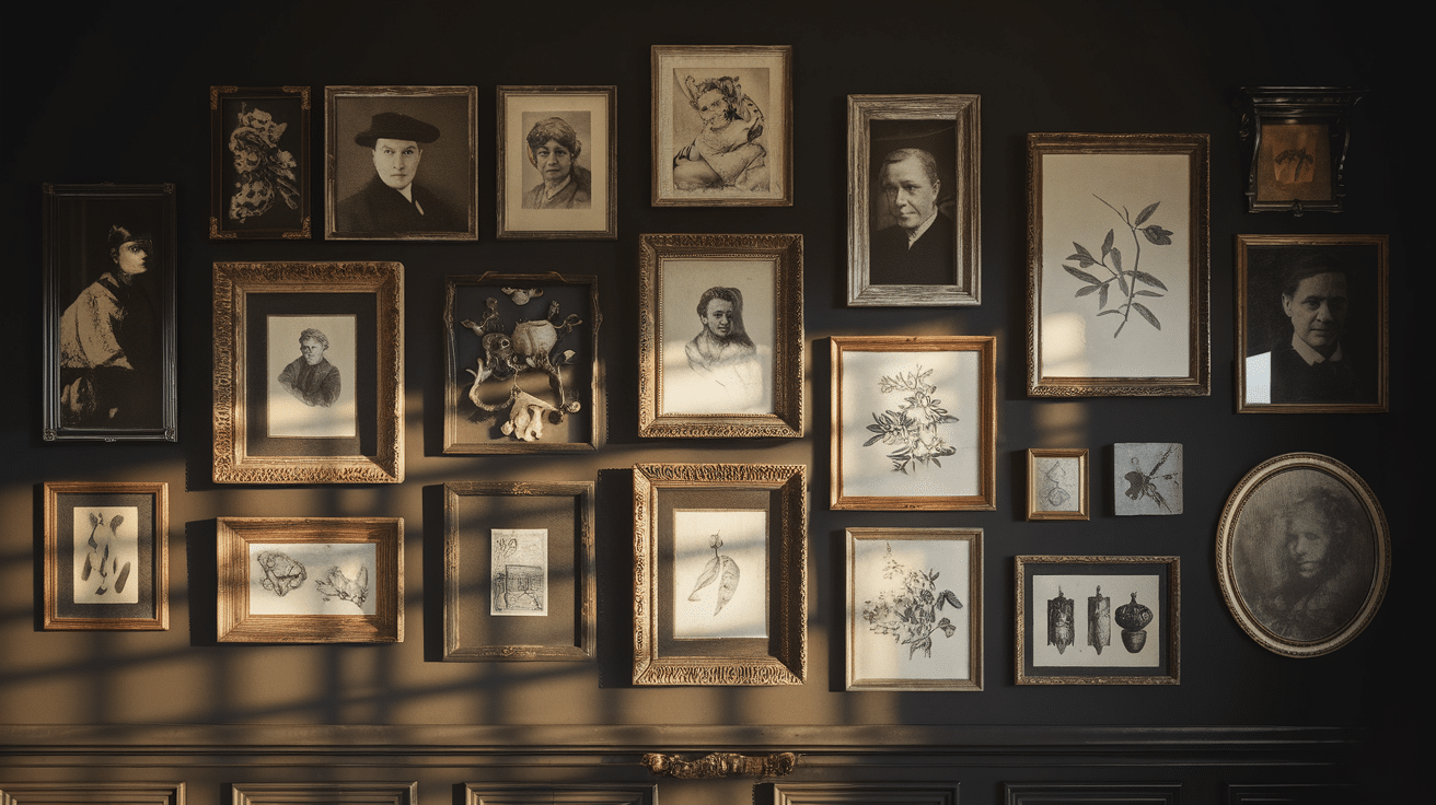 Gallery Wall of Vintage Portraits and Sketches