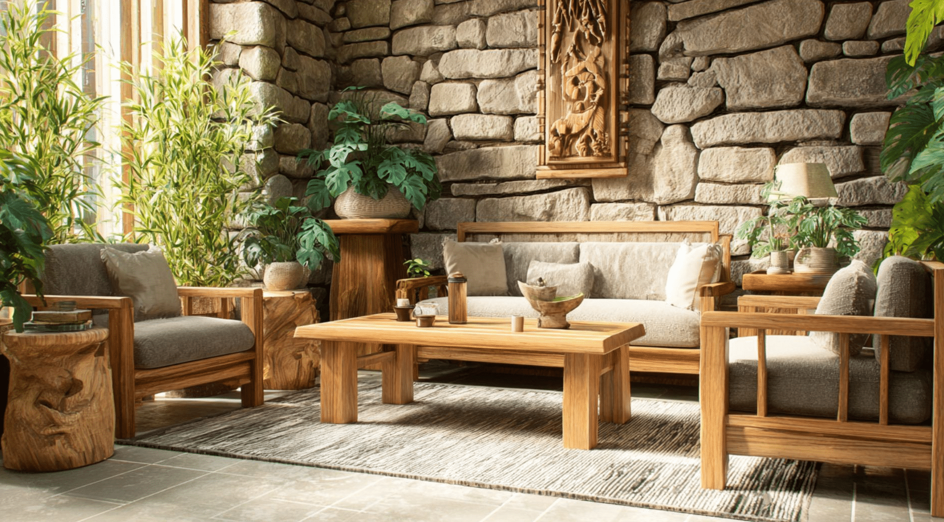 Cozy living room with wooden furniture, stone walls, lush plants, and soft lighting, creating a warm, inviting atmosphere.