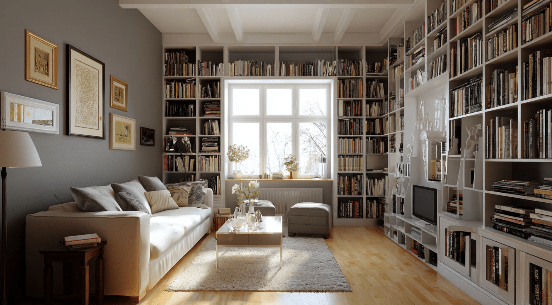 Cozy living room with a white sofa, bookshelves, and art on gray walls. Sunlight streams through a large window, brightening the space