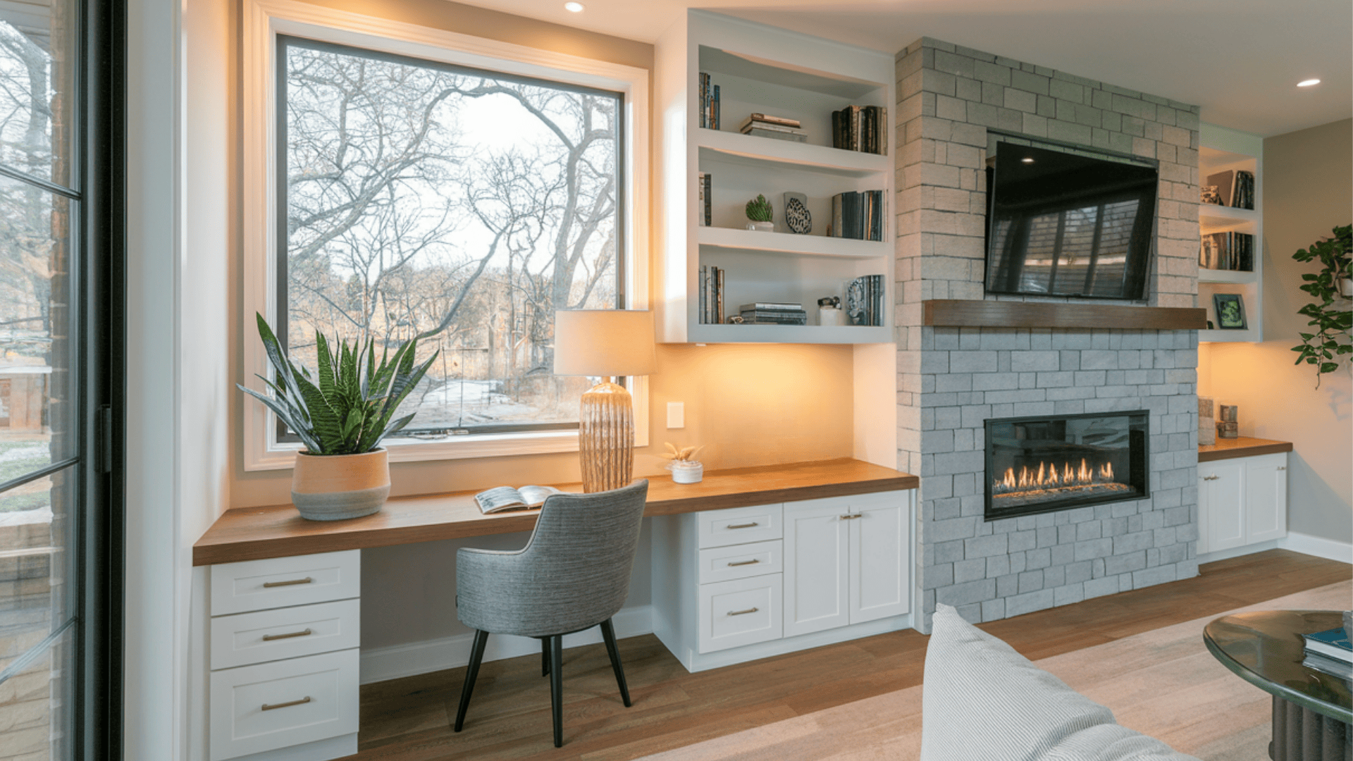 Integrated Desk with Fireplace Built-In Wall
