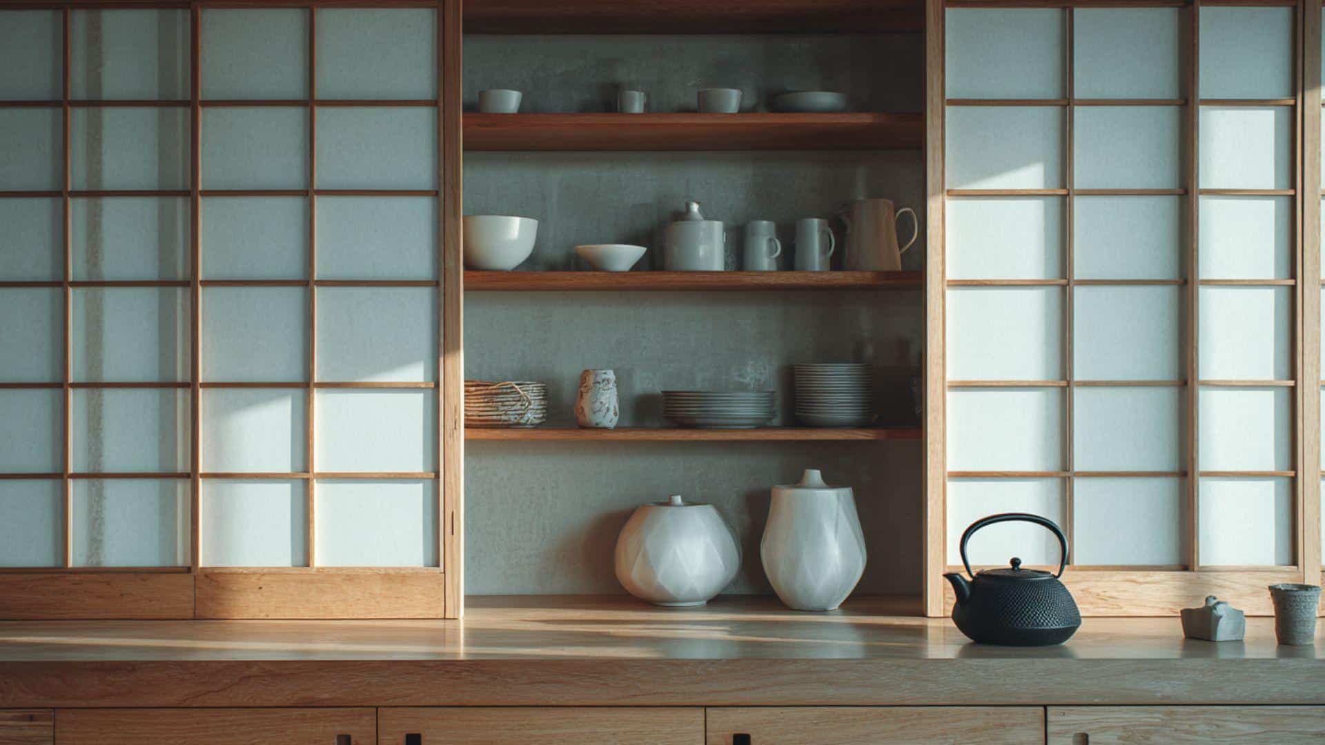 Japanese-inspired Kitchen with Shoji-style Cabinet Doors