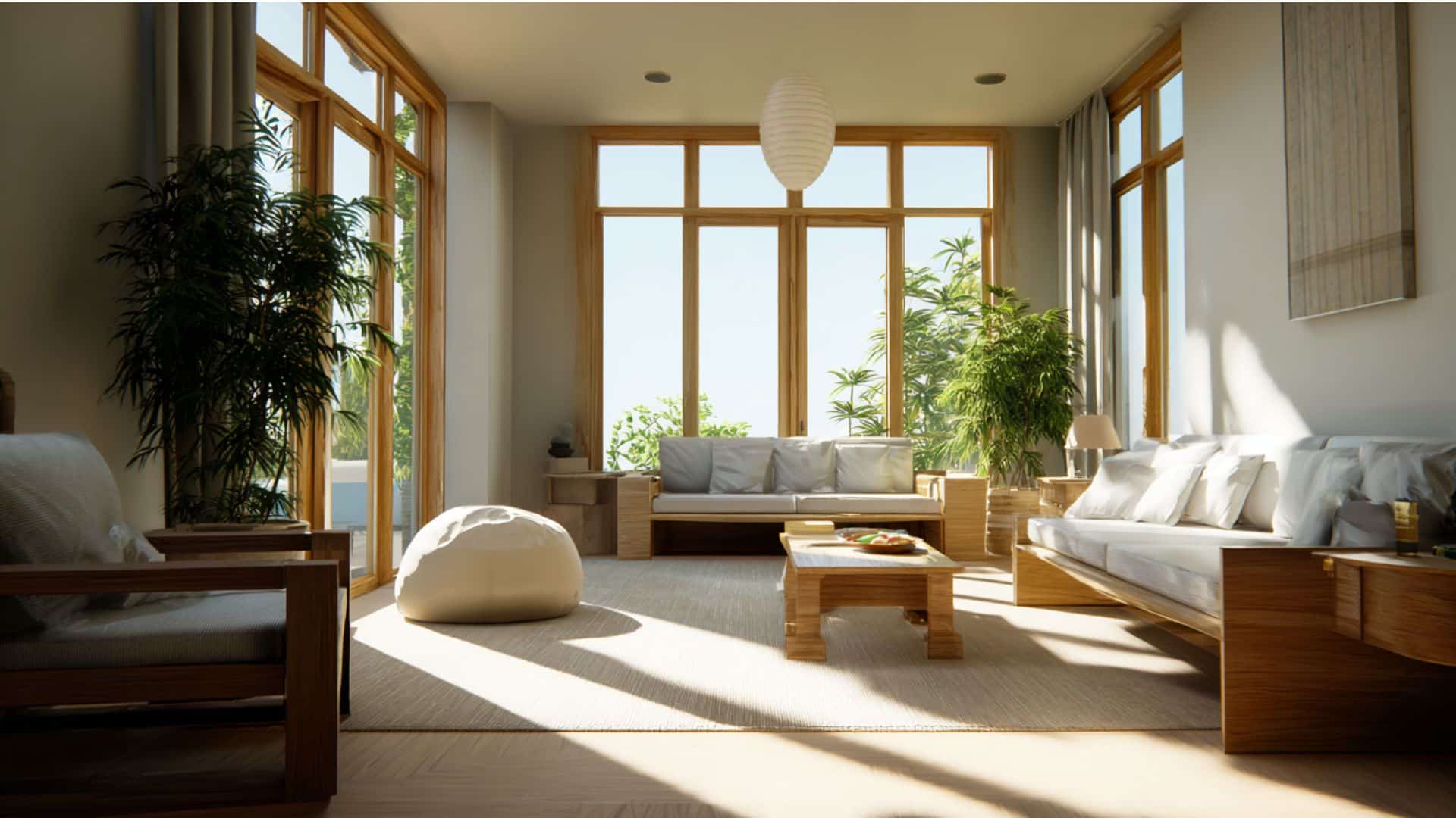 Sunlit living room with large windows, wooden furniture, white sofas, and lush green plants creating a serene, natural ambiance