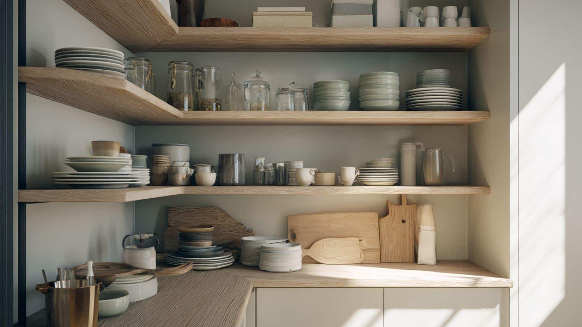 Kitchen with Open Corner Shelving Instead of Upper Cabinets