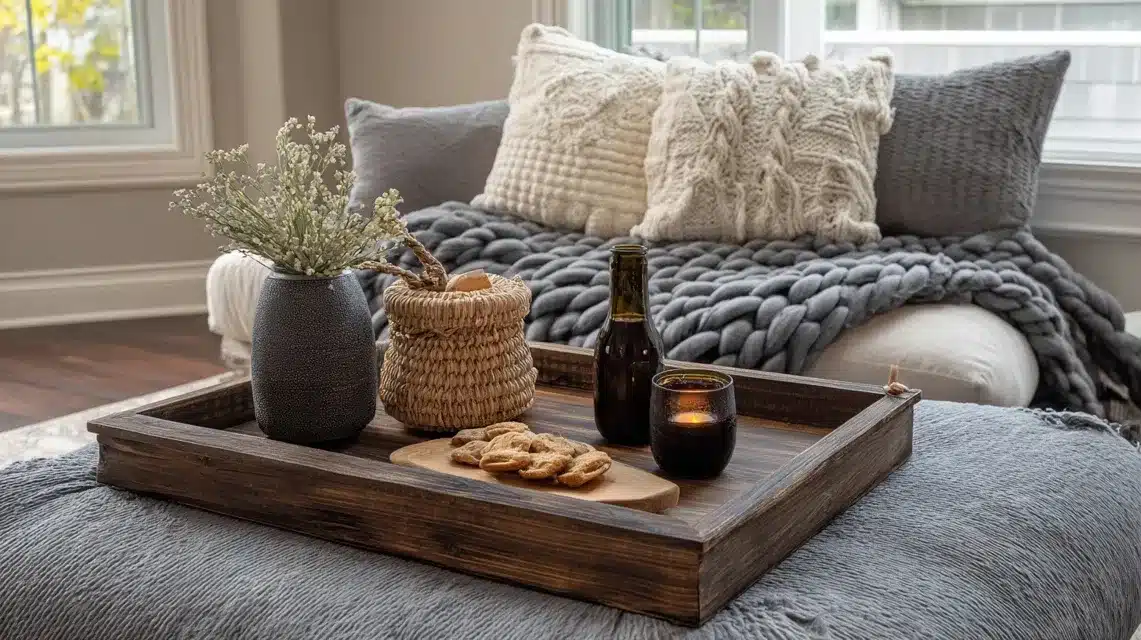 Large Wooden Serving Tray On Ottoman