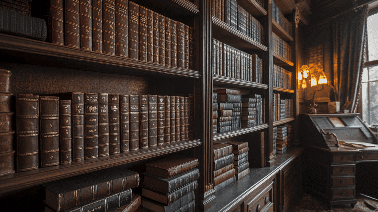 Leather-Bound Books in Stacks and Shelves