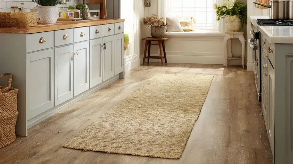 Light Vinyl Flooring with Jute Rug
