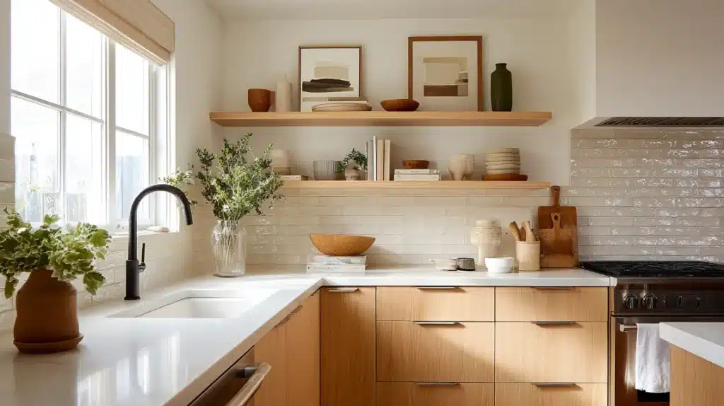 Light Wood Cabinets with White Walls