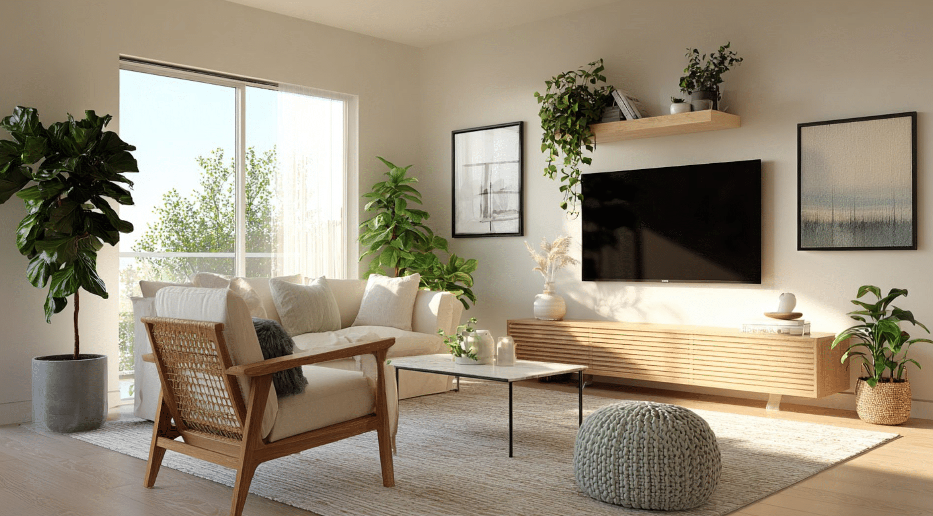 Modern living room with plants, beige sofa, wooden furniture, and TV. Sunlight streams through a large window, creating warmth.