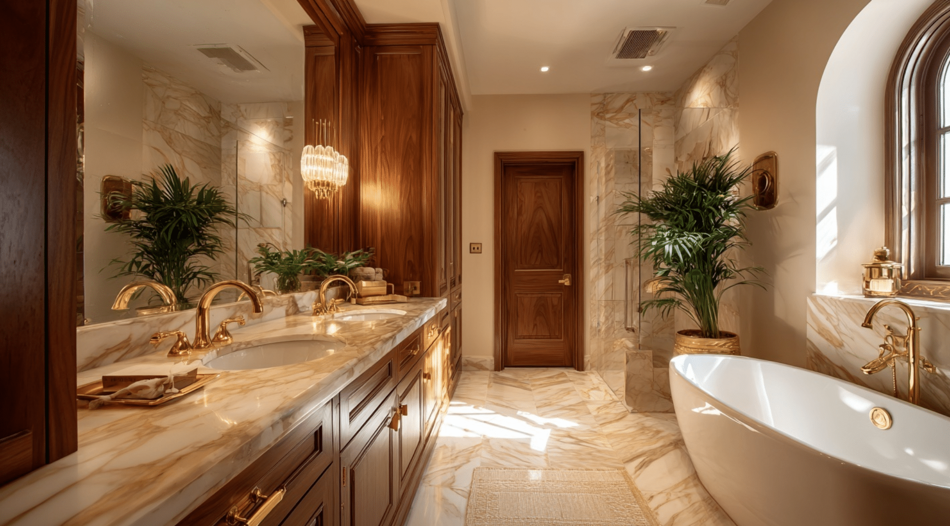 Luxury Earthy Bathroom with Marble + Wood