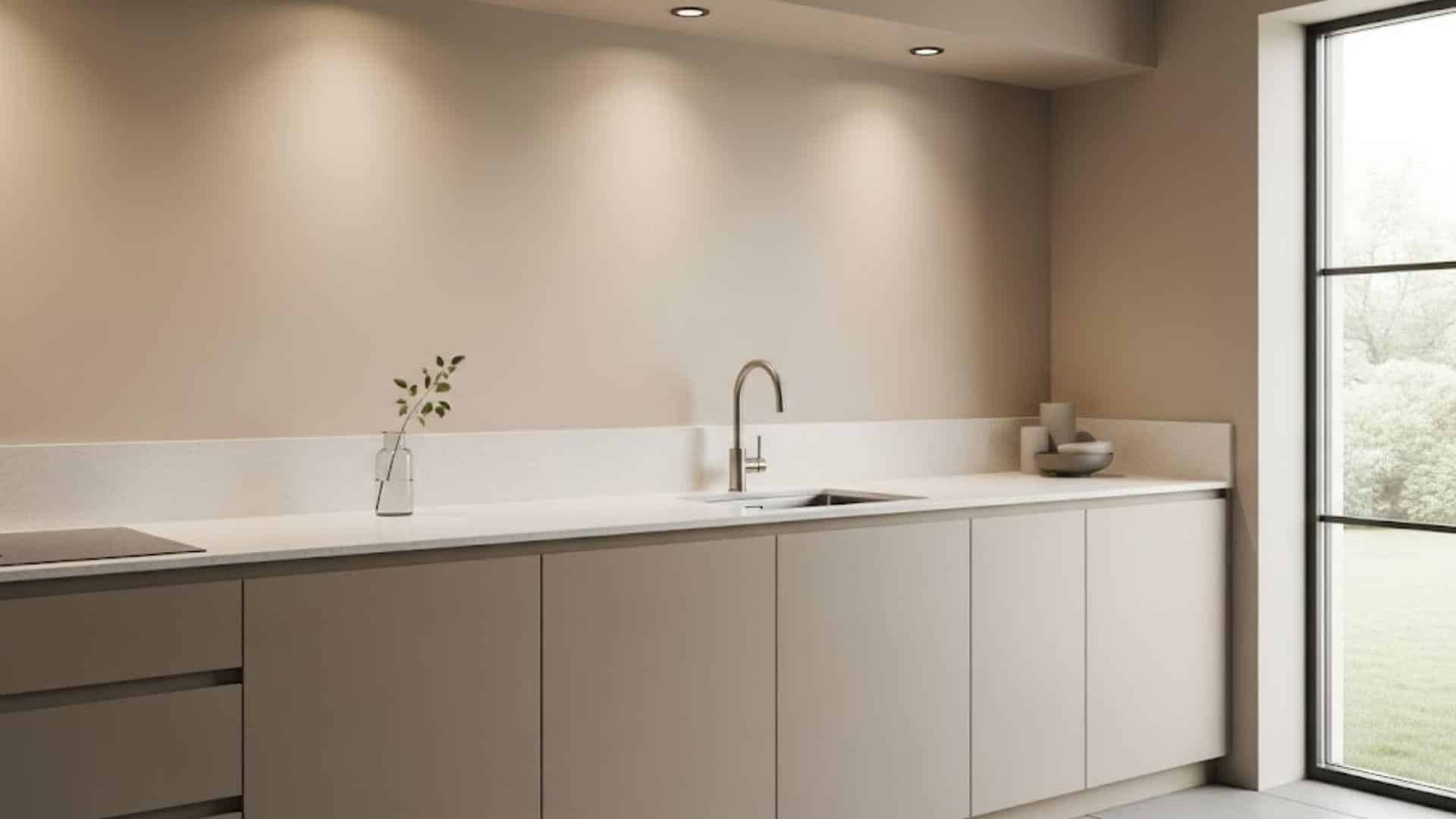 Matte Beige Cabinets with Quartz Counters