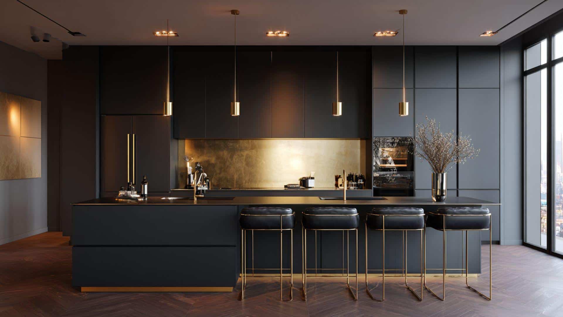 Matte Black Cabinets with Slim Gold Handles