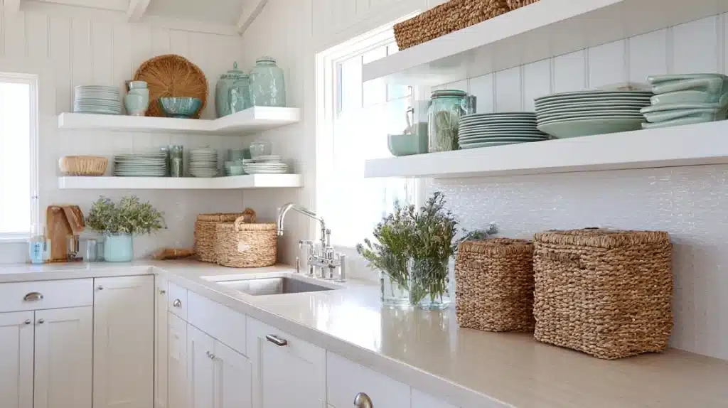 Minimalist Open Shelving with Woven Baskets