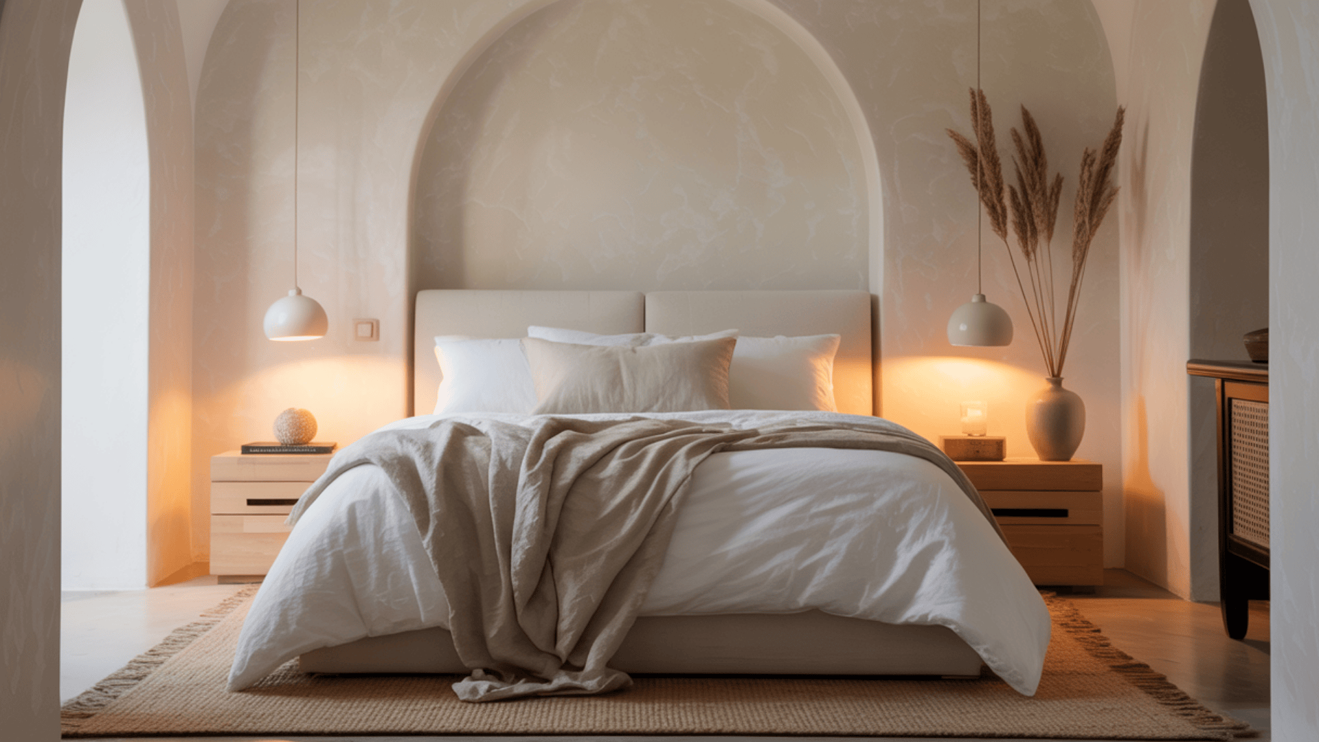 Minimalist bedroom with a cozy bed, soft beige bedding, pendant lights, and decorative plants, creating a serene atmosphere.