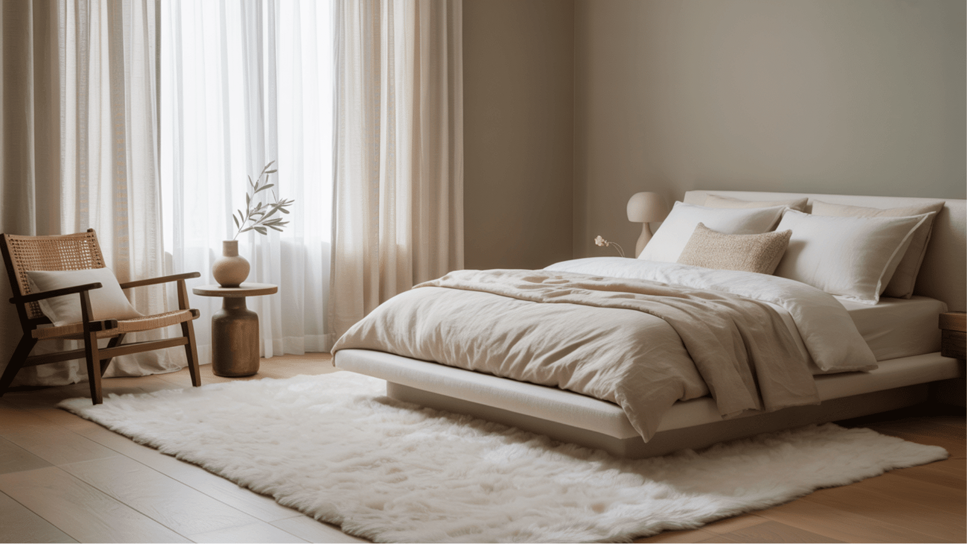 Minimalist bedroom with beige bedding, wooden chair, and soft rug. Sunlight filters through sheer curtains, creating a cozy feel.