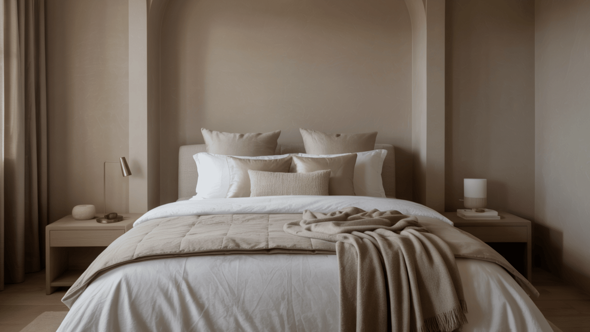 Minimalist bedroom with neutral tones, cozy bedding, soft pillows, and a warm blanket draped over a neatly made bed.