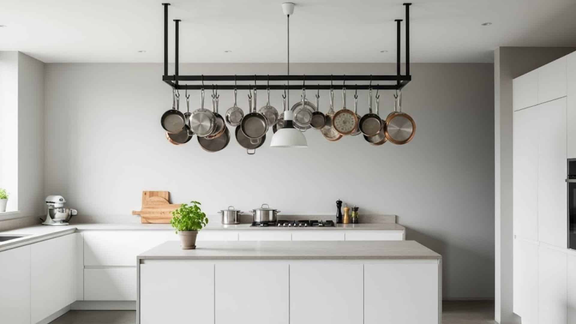 Minimalist Kitchen with Ceiling-mounted Pot Rack