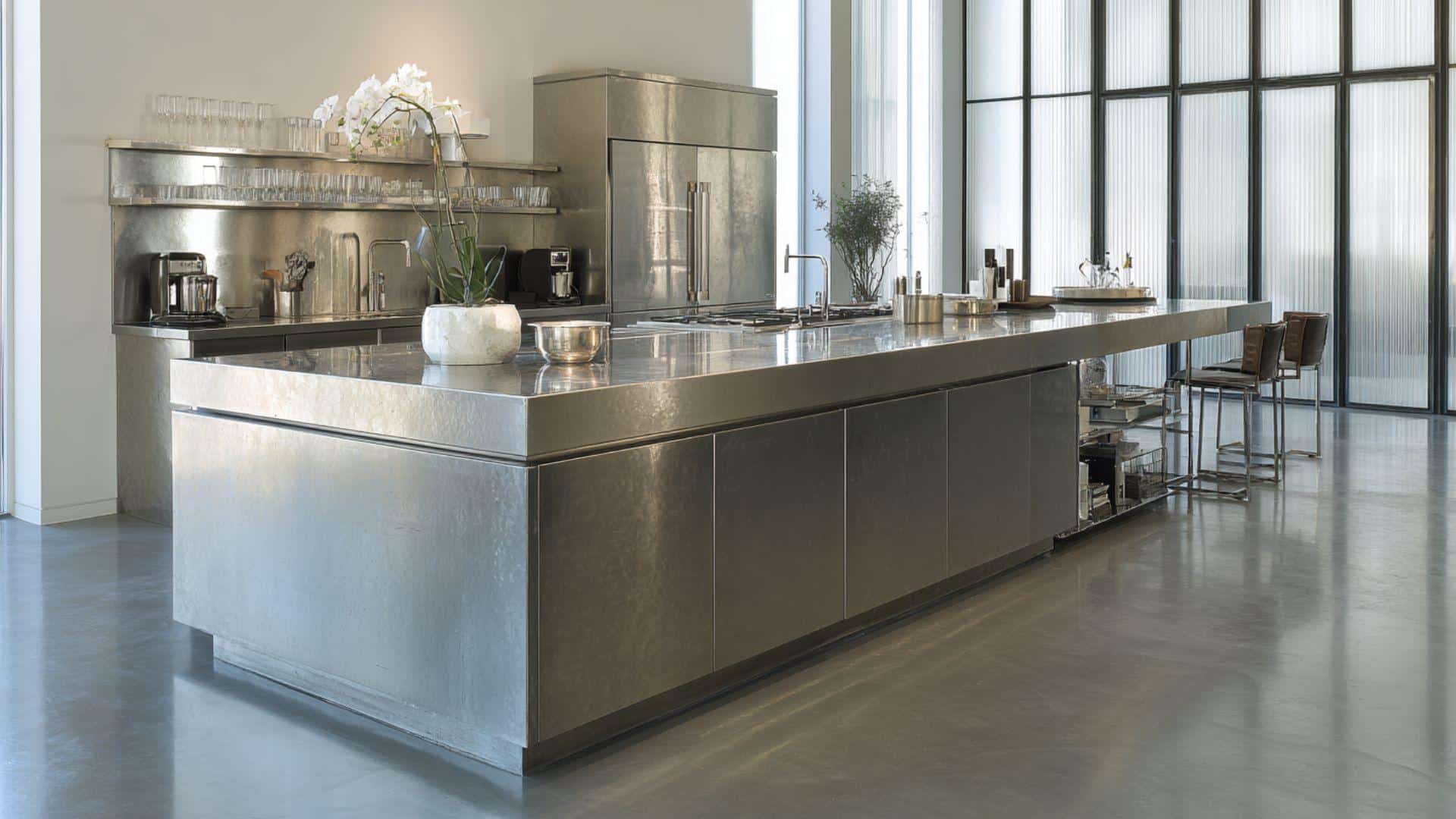 Minimalist Kitchen with Freestanding Stainless Steel Island