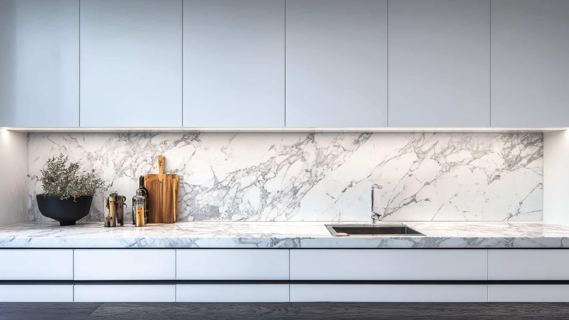Minimalist Kitchen with Marble Slab Backsplash