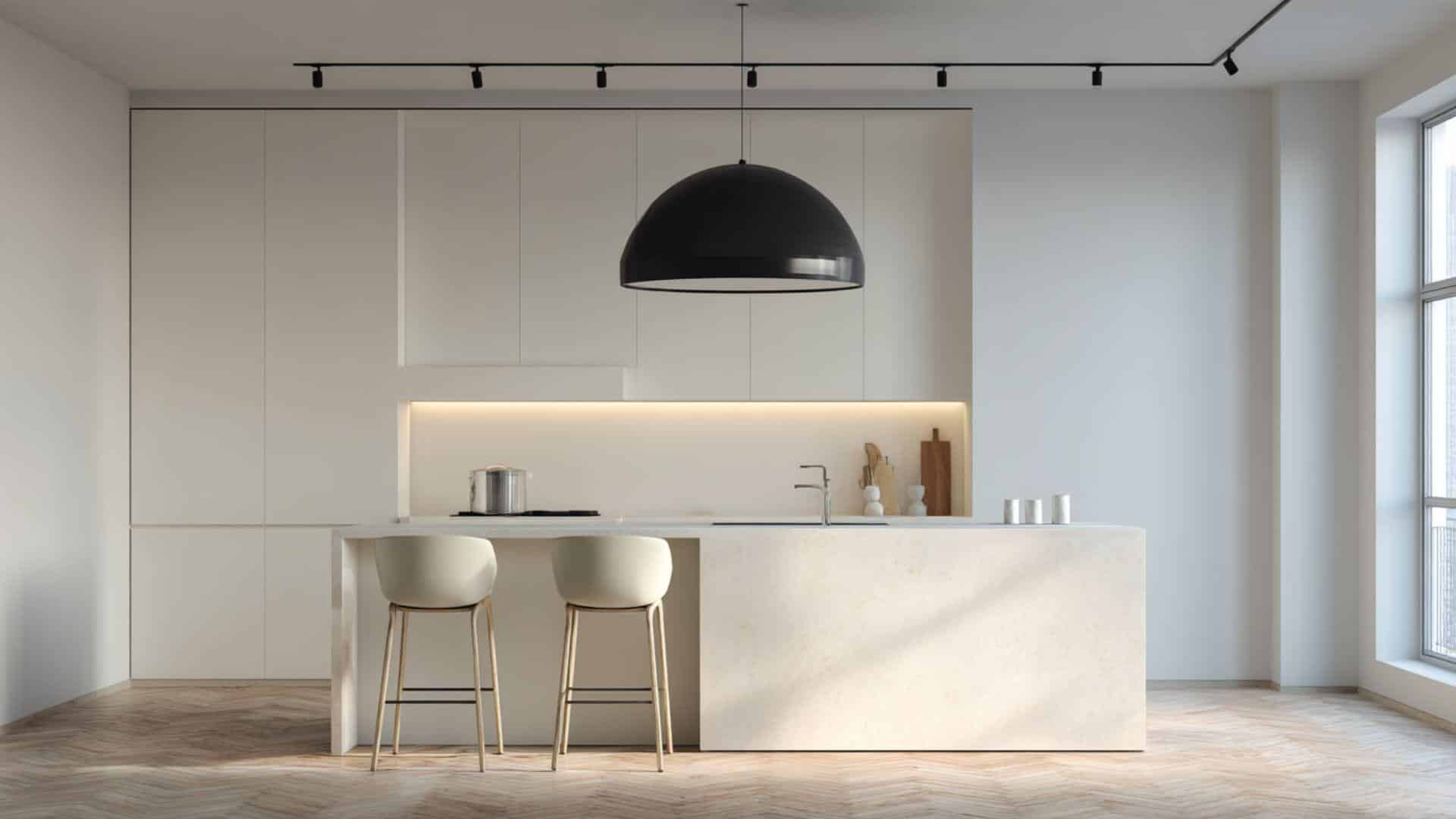 Minimalist Kitchen with Single Bold Pendant Light