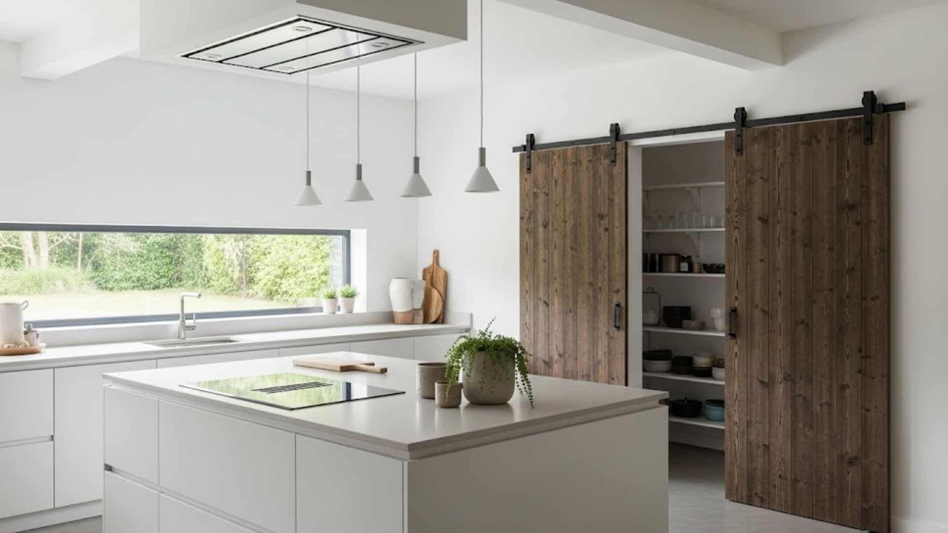 Minimalist Kitchen with Sliding Barn-Style Pantry Doors
