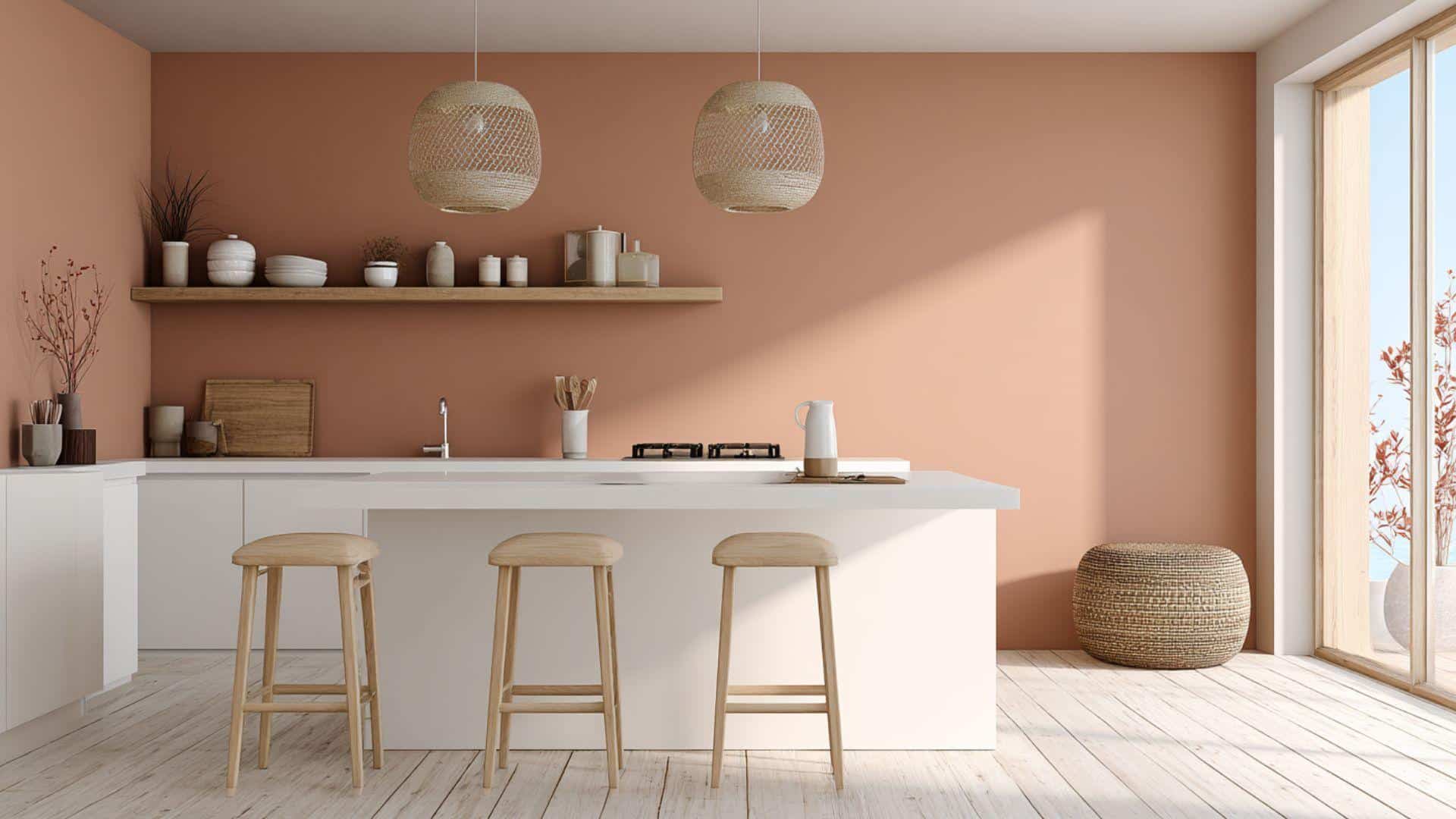 Minimalist Kitchen with a Muted Terracotta Accent Wall