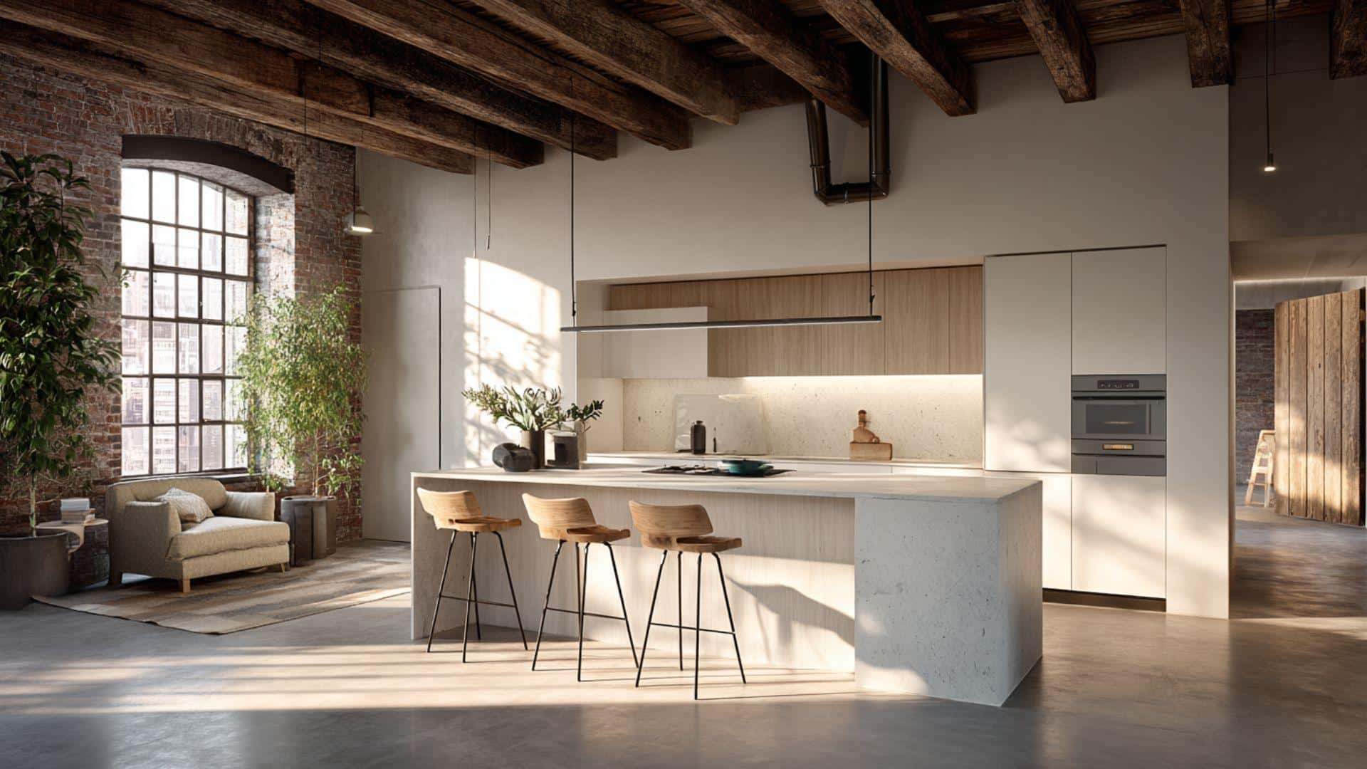 Minimalist Loft Kitchen with Exposed Beams