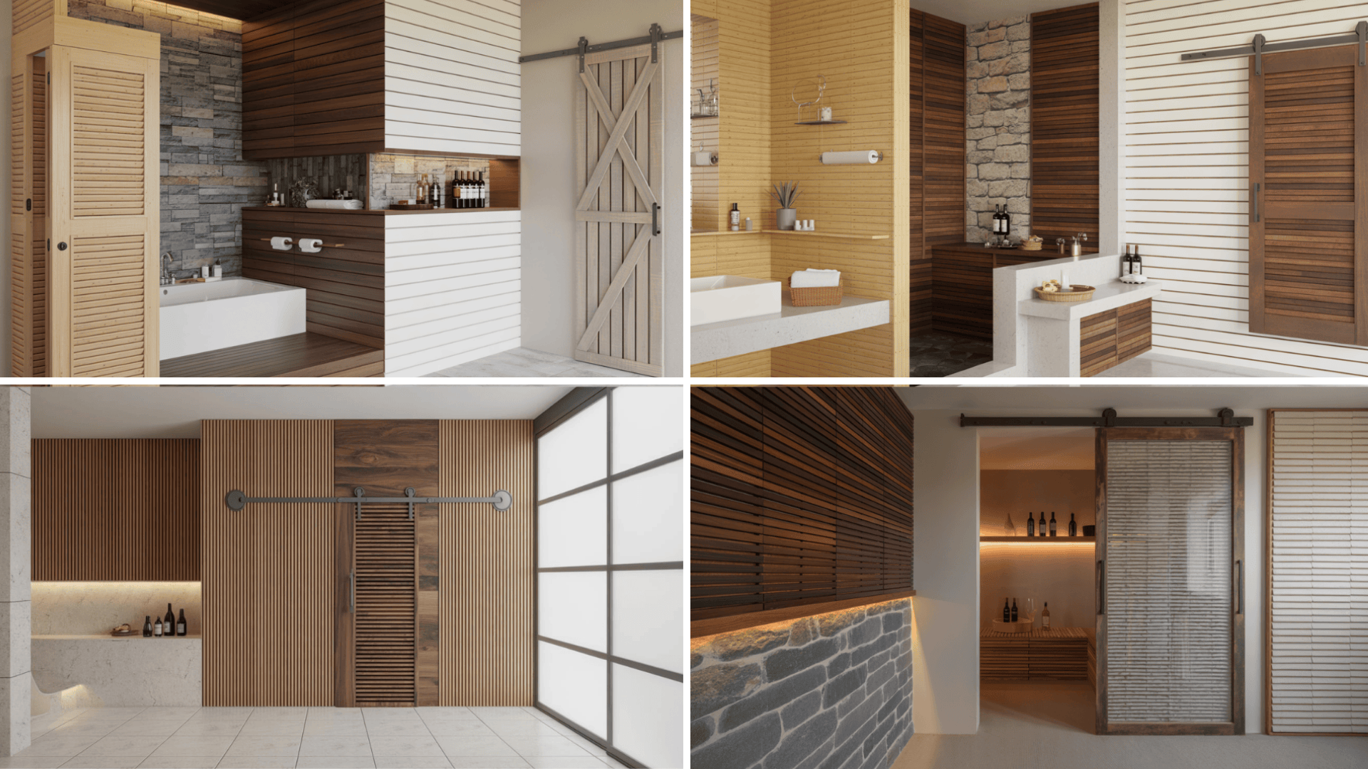 Modern bathroom designs with wood accents, sliding barn doors, and stone walls, creating a warm, rustic yet contemporary feel.