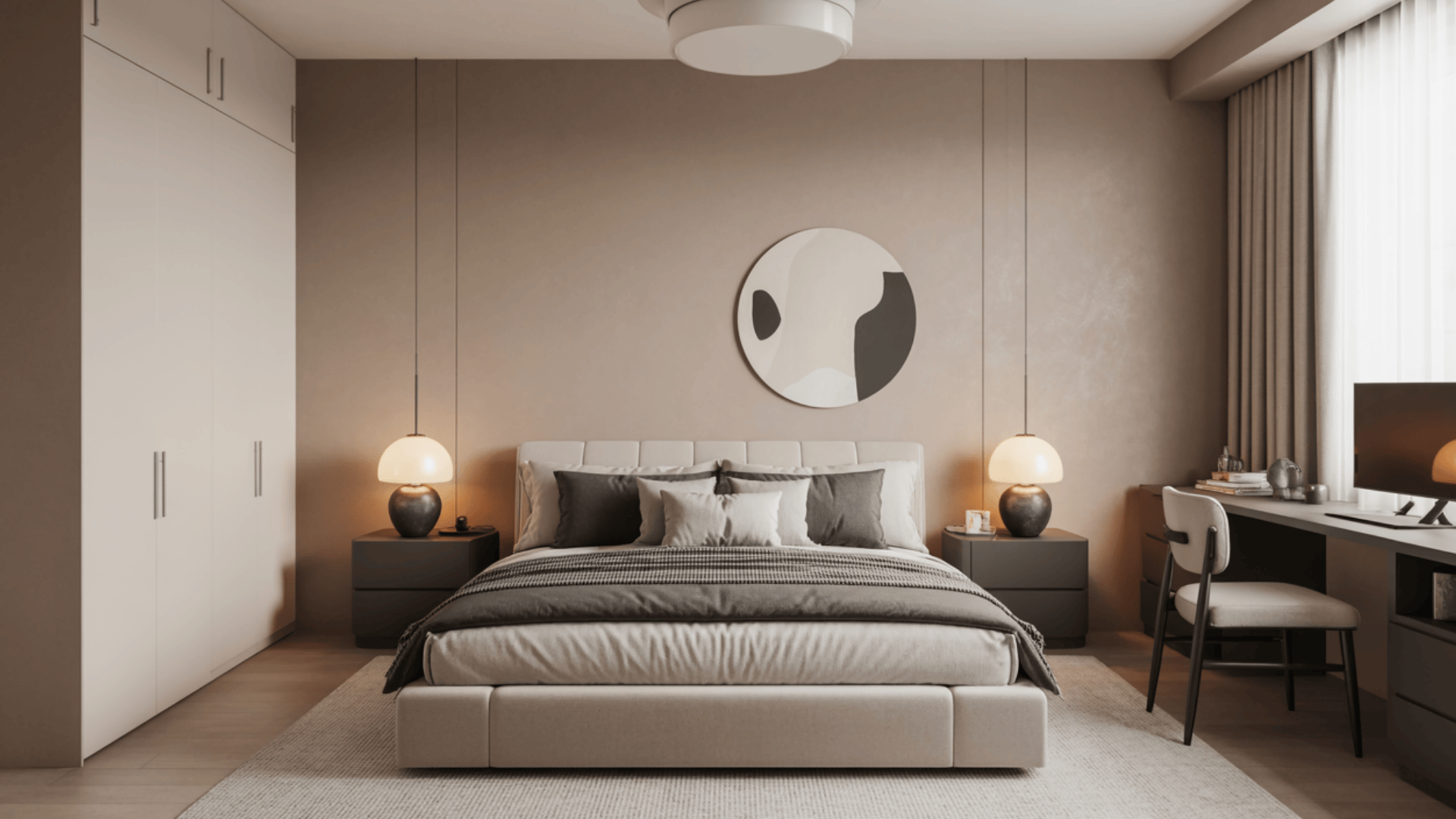 Modern bedroom with beige tones, abstract art above bed, two lamps, and a desk with a chair by the window.