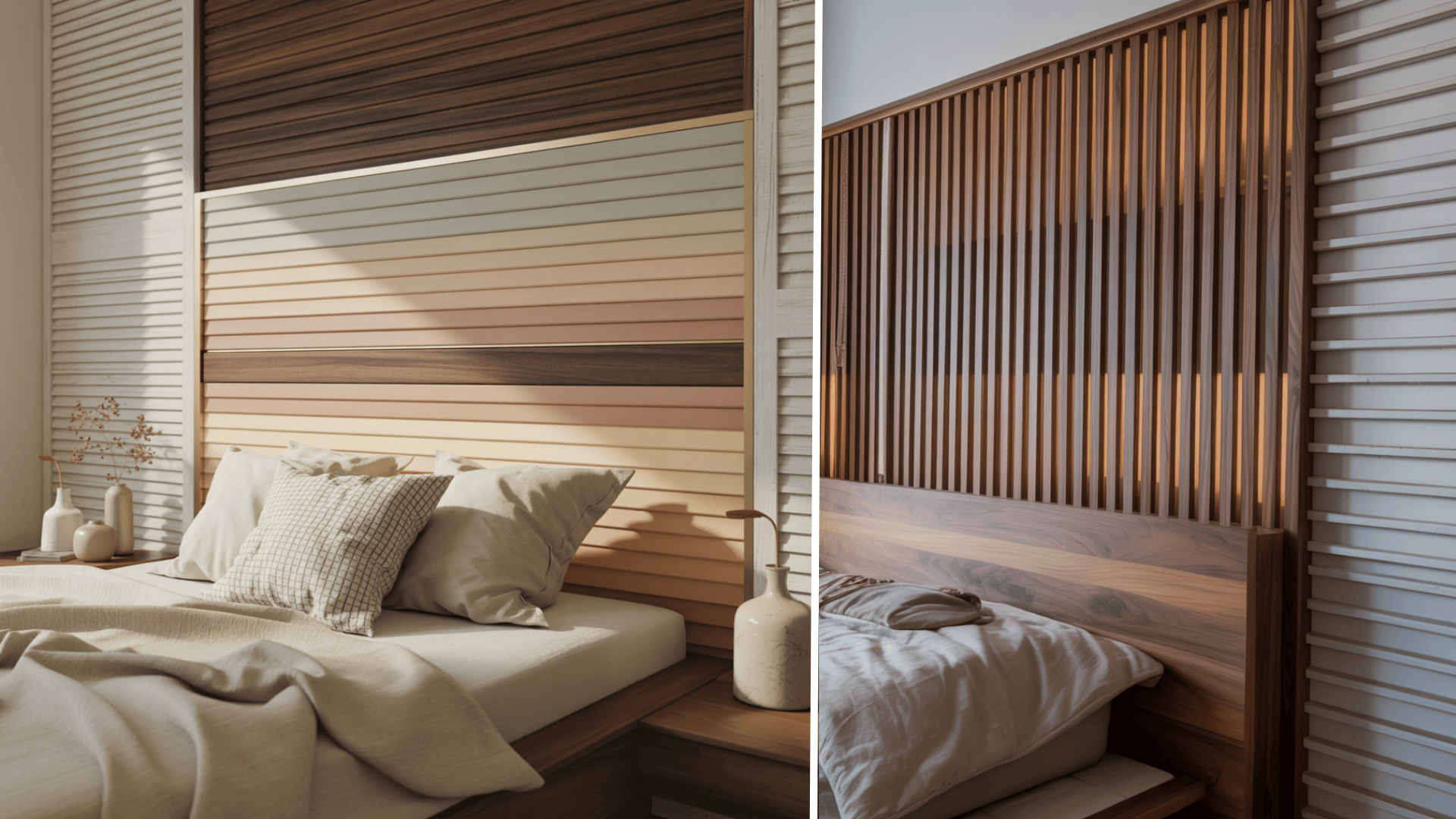 Modern bedroom with wooden slat headboards, neutral bedding, and soft lighting, creating a warm and cozy atmosphere.