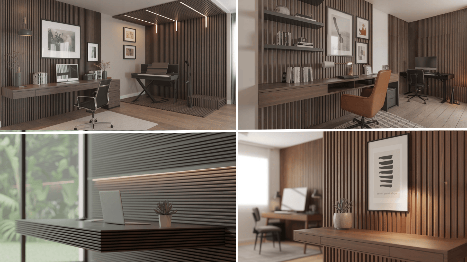 Modern home office with wood paneling, sleek desks, computers, and a piano, creating a stylish, functional workspace.