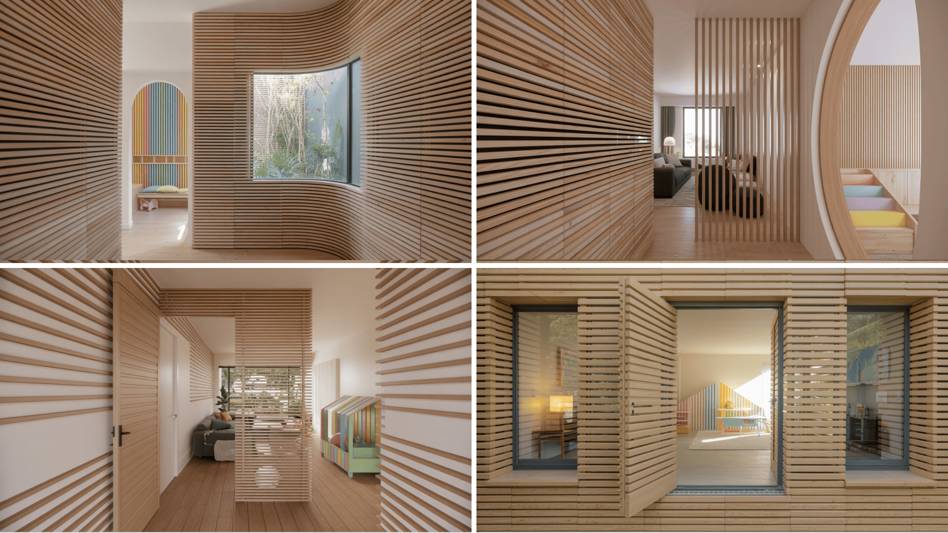 Modern interior with wooden slats, colorful accents, and large windows creating a bright, open space with natural light.