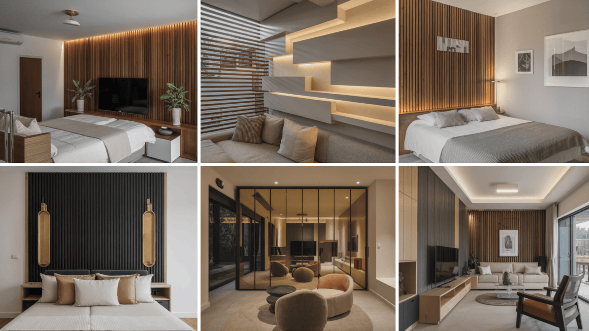 Modern interiors collage featuring cozy bedrooms, sleek living rooms, and stylish lighting with wood accents and neutral tones.