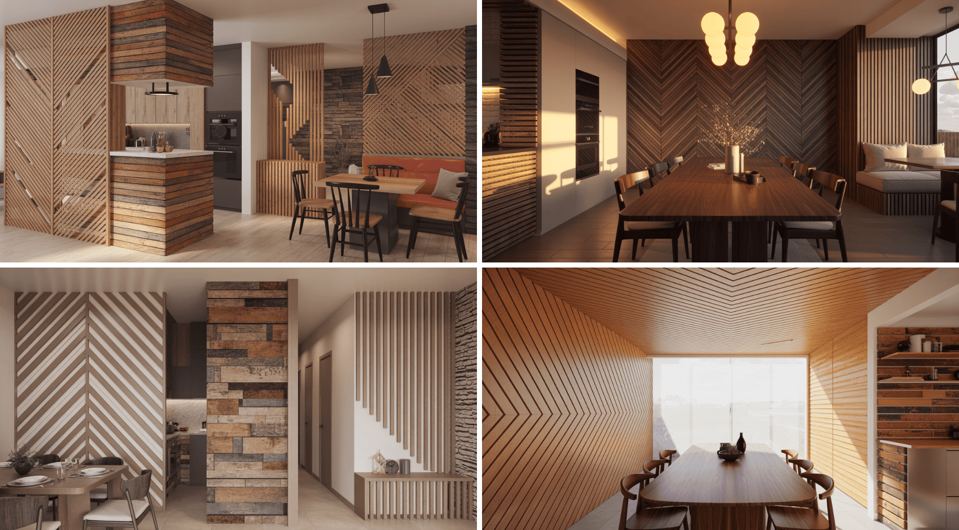 Modern interiors with wood paneling, geometric patterns, and warm lighting create a cozy dining and kitchen ambiance