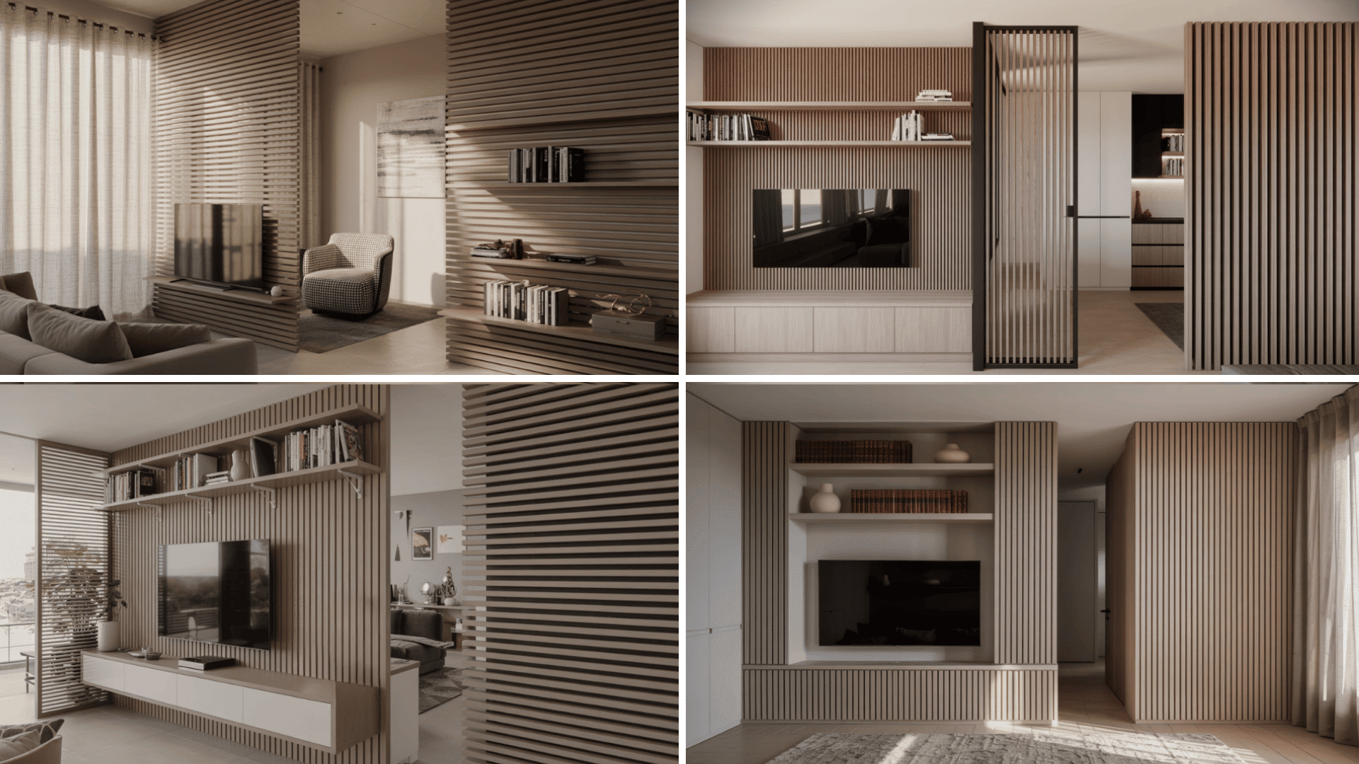 Modern living room with wood panel walls, TV, bookshelves, and cozy seating. Neutral tones create a warm, inviting atmosphere.