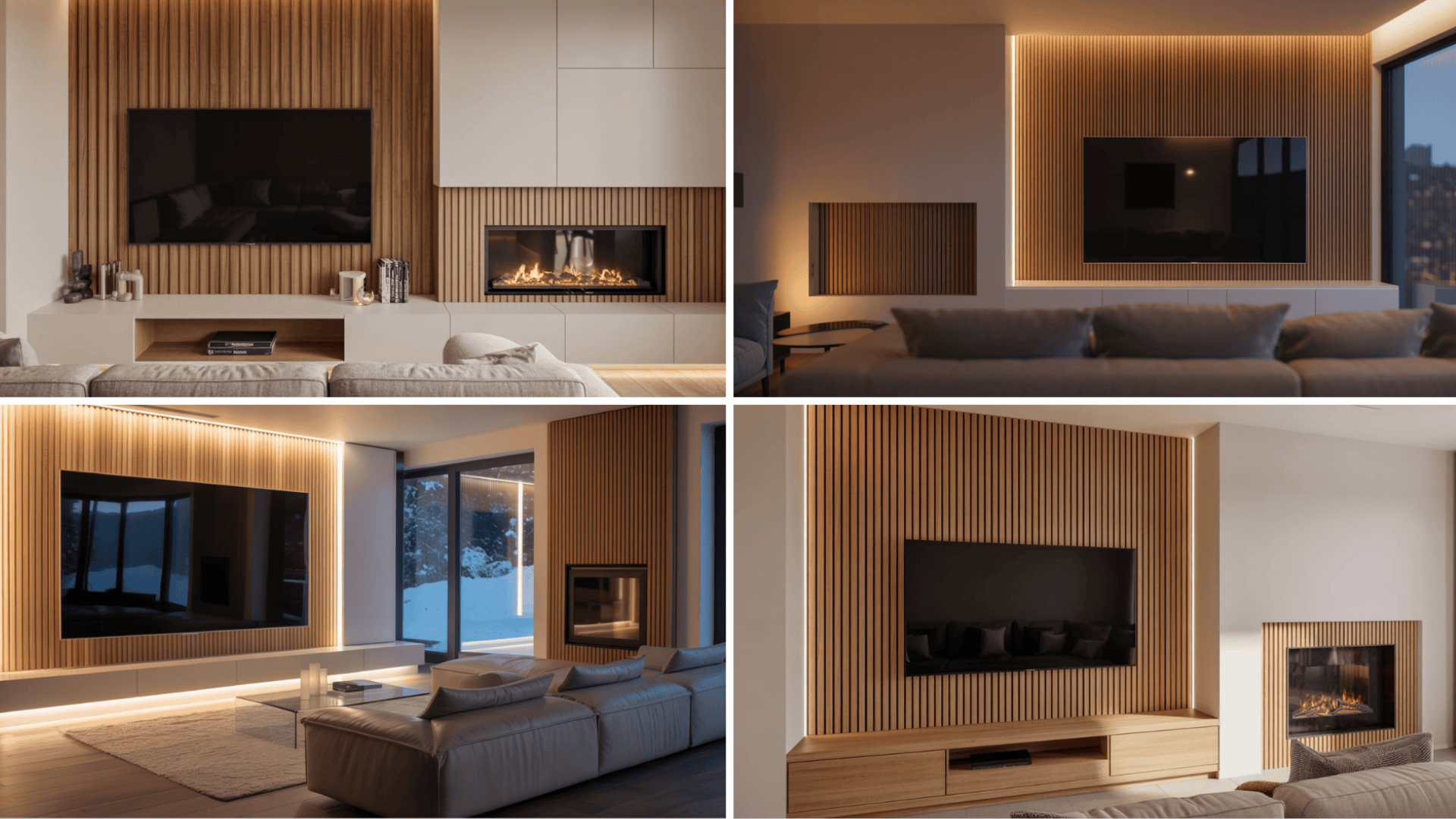 Modern living room with wood paneling, TV, and fireplace. Cozy ambiance with soft lighting and plush seating.