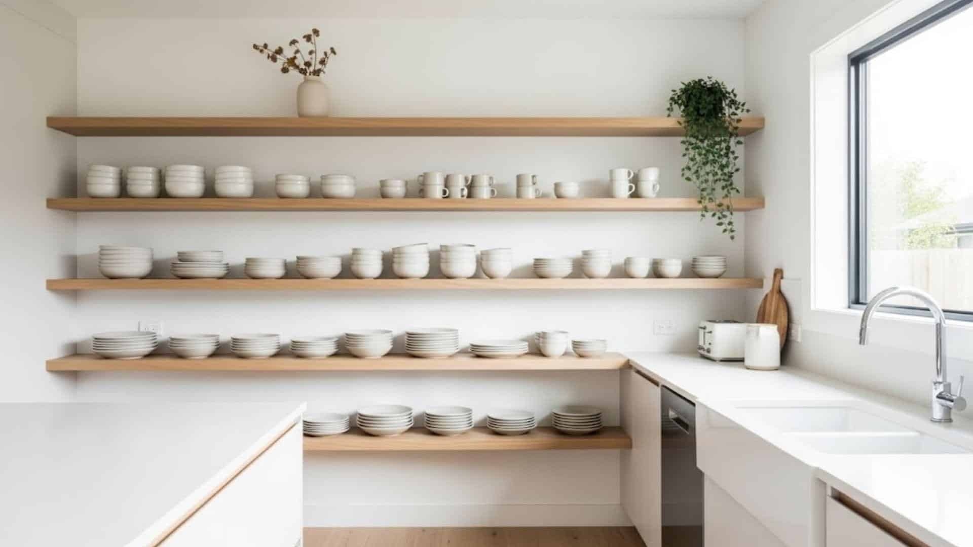 Open Shelving with Neatly Stacked Neutral Dishware