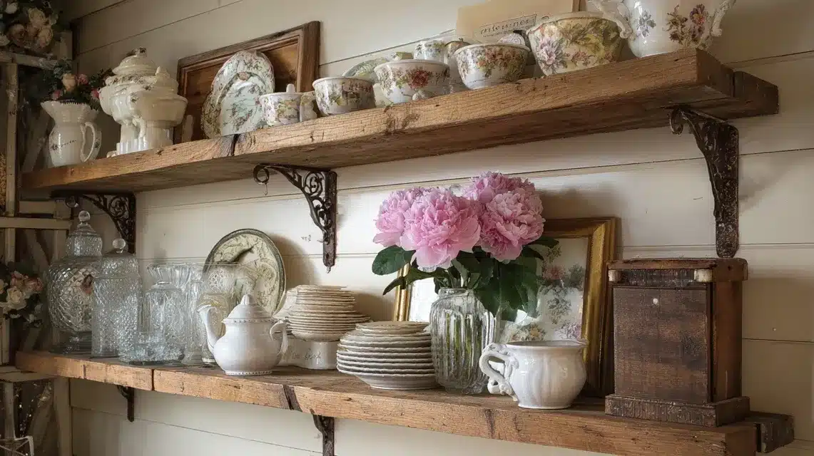 Open Wall Shelving Displaying Vintage China