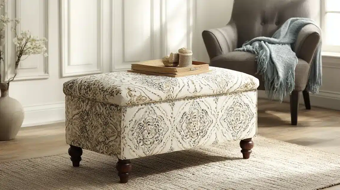 Patterned Upholstered Storage Ottoman
