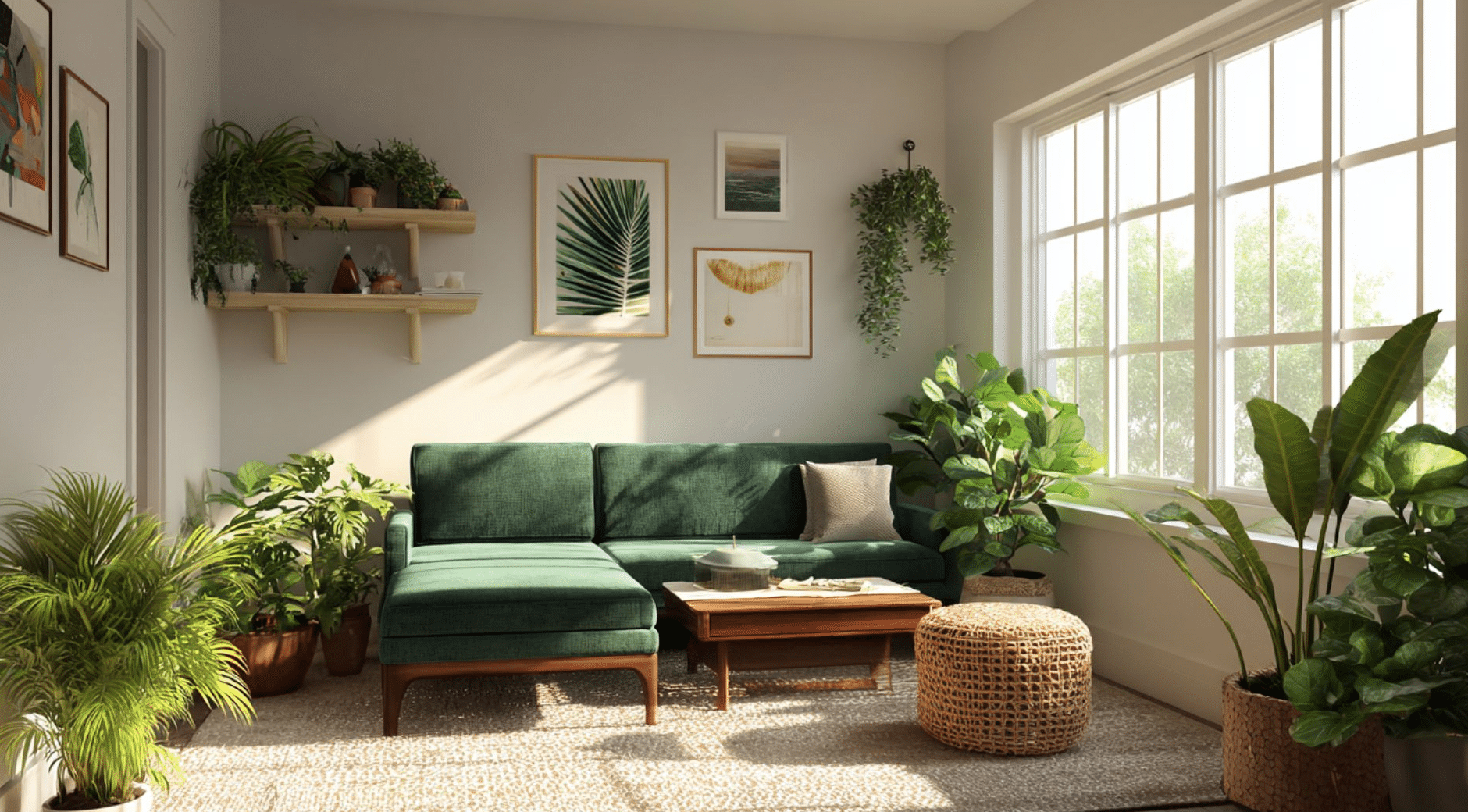 Sunlit living room with a green sofa, plants, and framed art. Large windows illuminate the cozy, nature-inspired space.