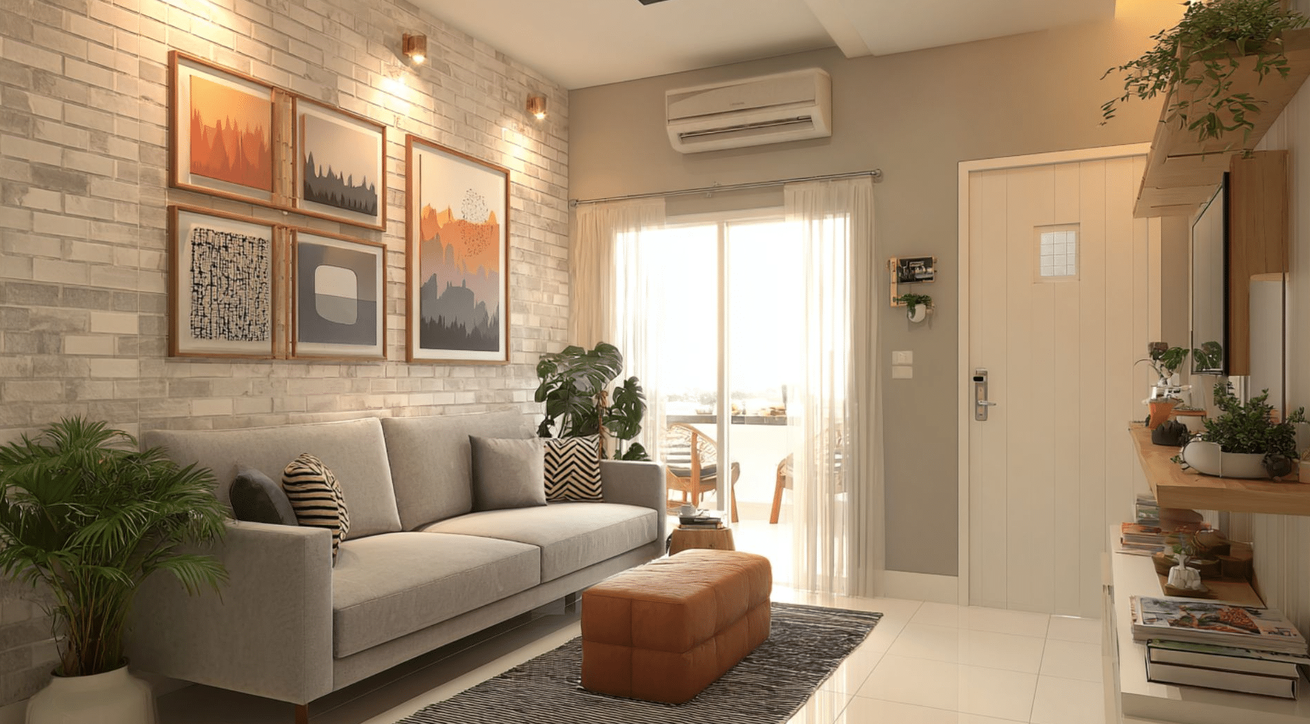 Modern living room with a gray sofa, wall art, plants, and a brown ottoman. Sunlight streams through sheer curtains.