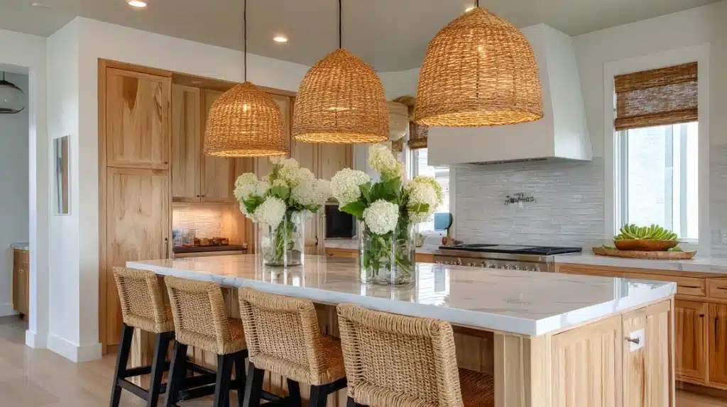 Rattan Pendant Lights over Kitchen Island