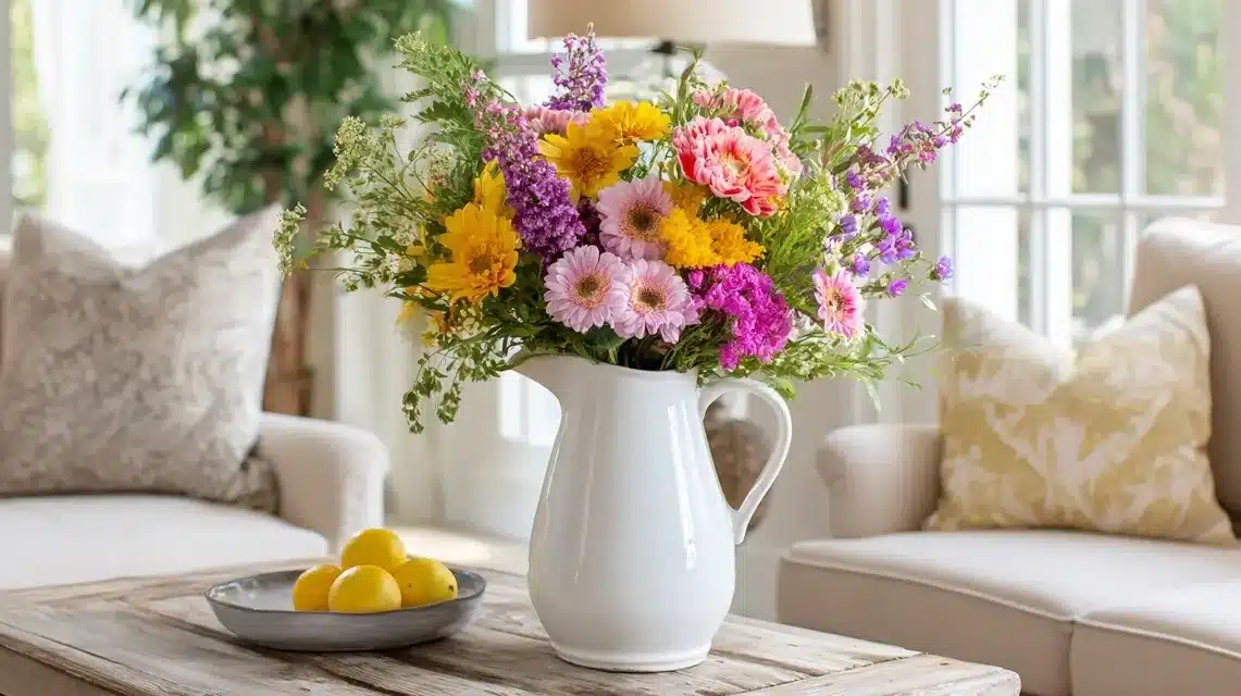 Seasonal Fresh Floral Arrangements In Pitcher Vase