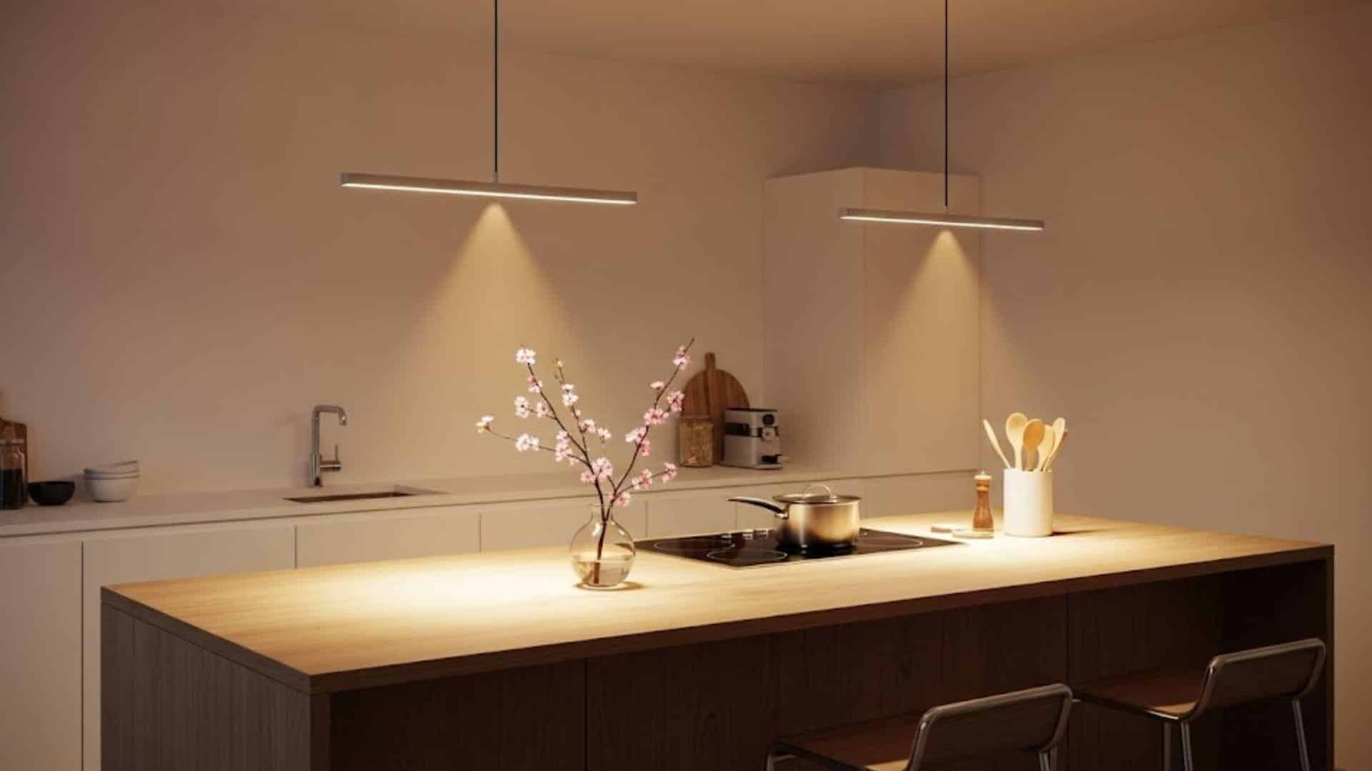 Slimline Pendant Lights Over a Simple Island