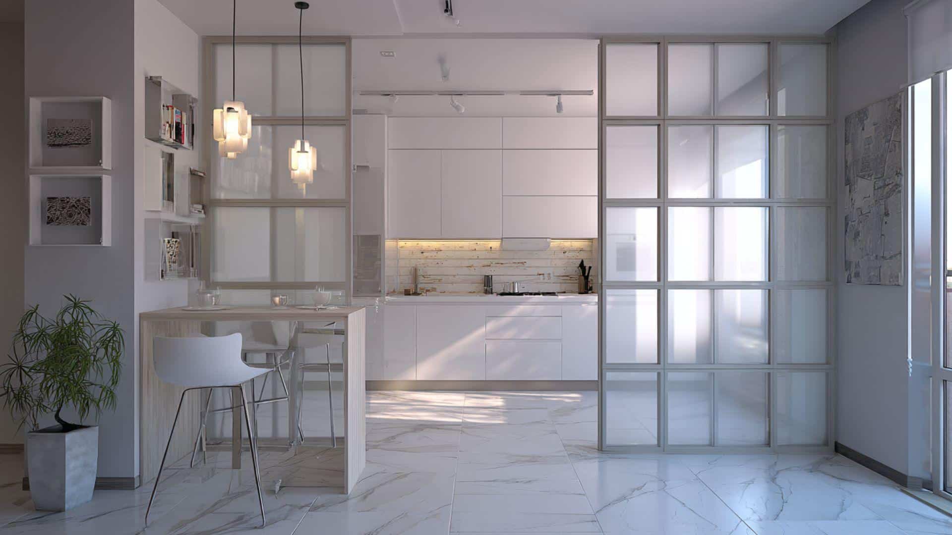 Small Kitchen with Glass Partition Wall