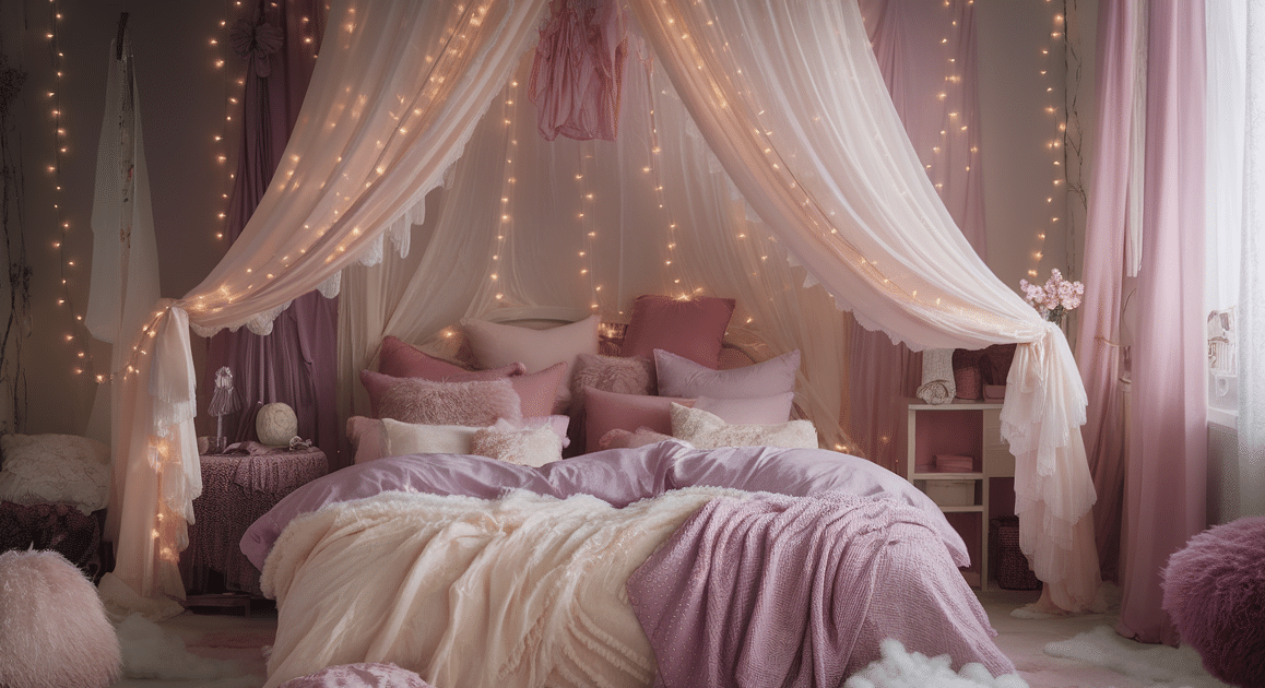 Cozy bedroom with pink bedding, fluffy pillows, and twinkling fairy lights under a canopy, creating a dreamy, serene atmosphere.,