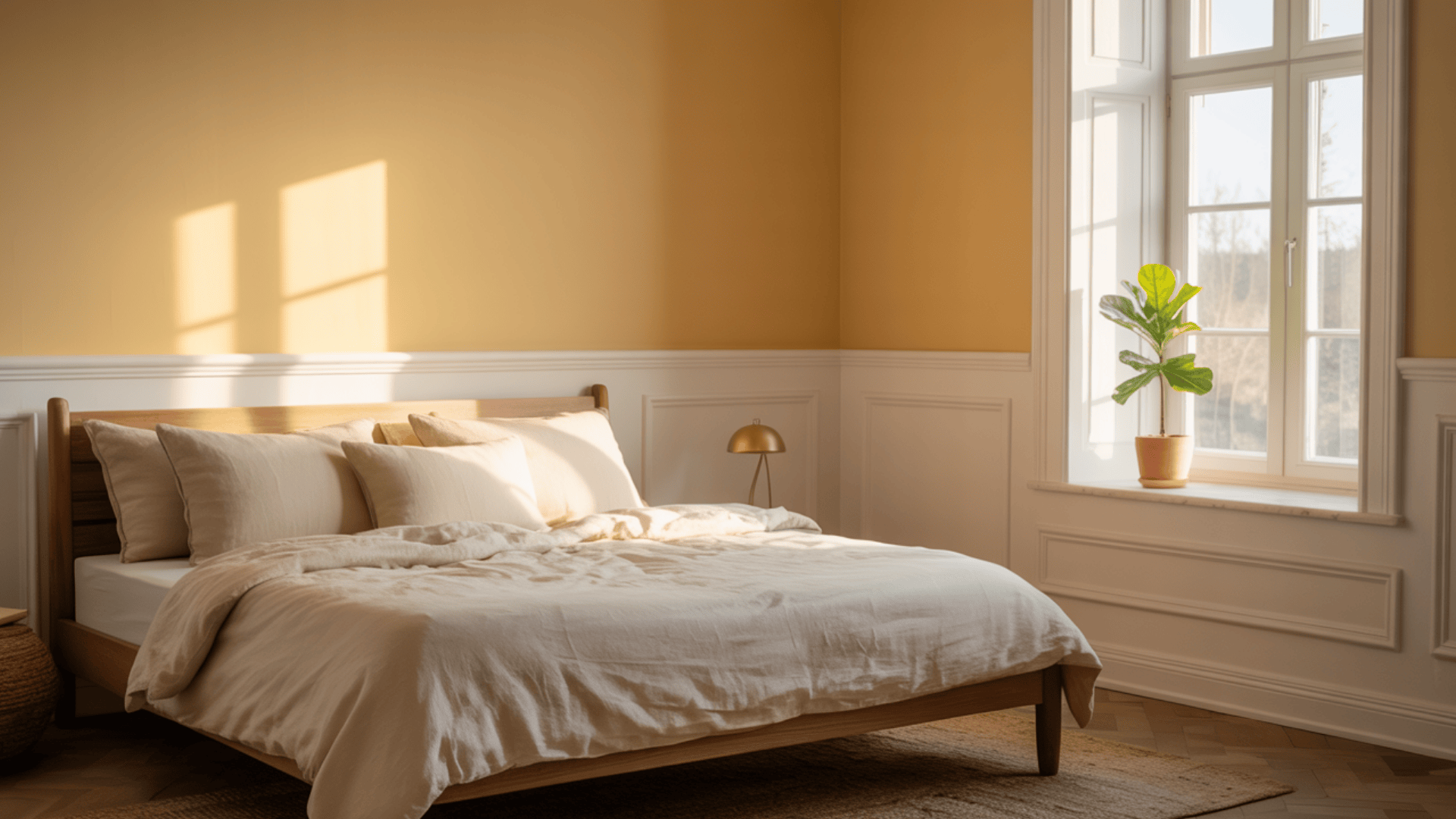 Sunlit bedroom with a cozy bed, beige linens, and a potted plant by the window, creating a serene and inviting atmosphere.