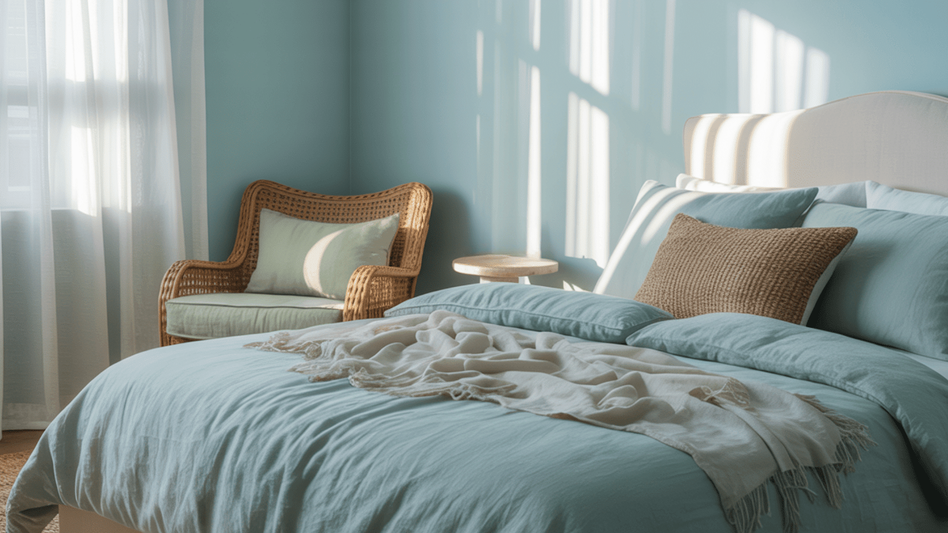 Sunlit bedroom with blue bedding, wicker chair, and soft shadows. Cozy, serene atmosphere with natural light and textures.