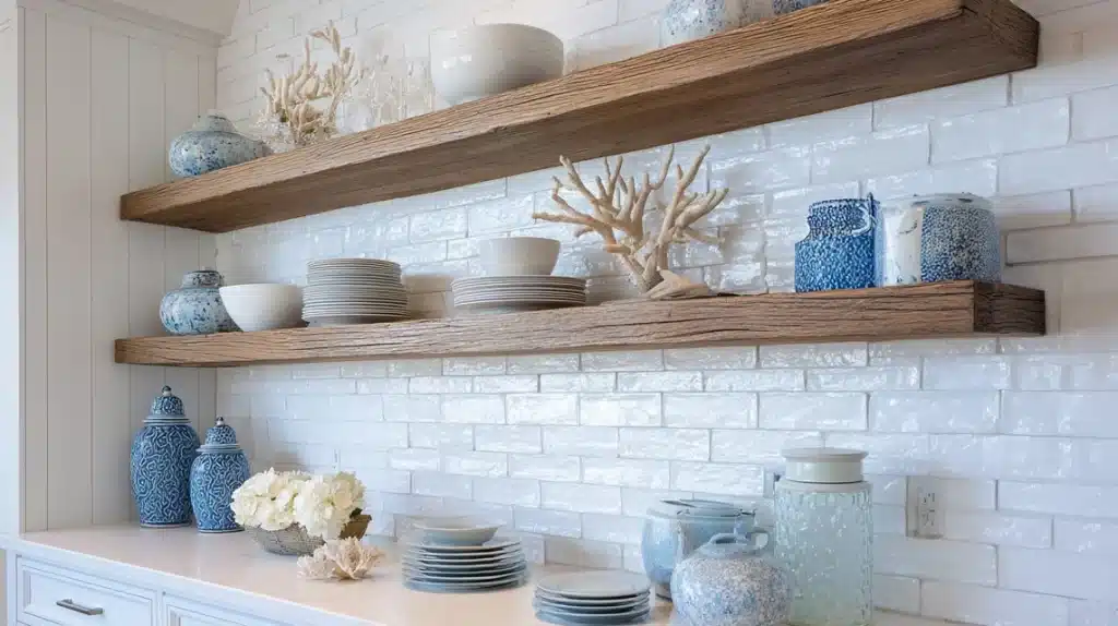 Textured White Tile Backsplash with Driftwood Shelves
