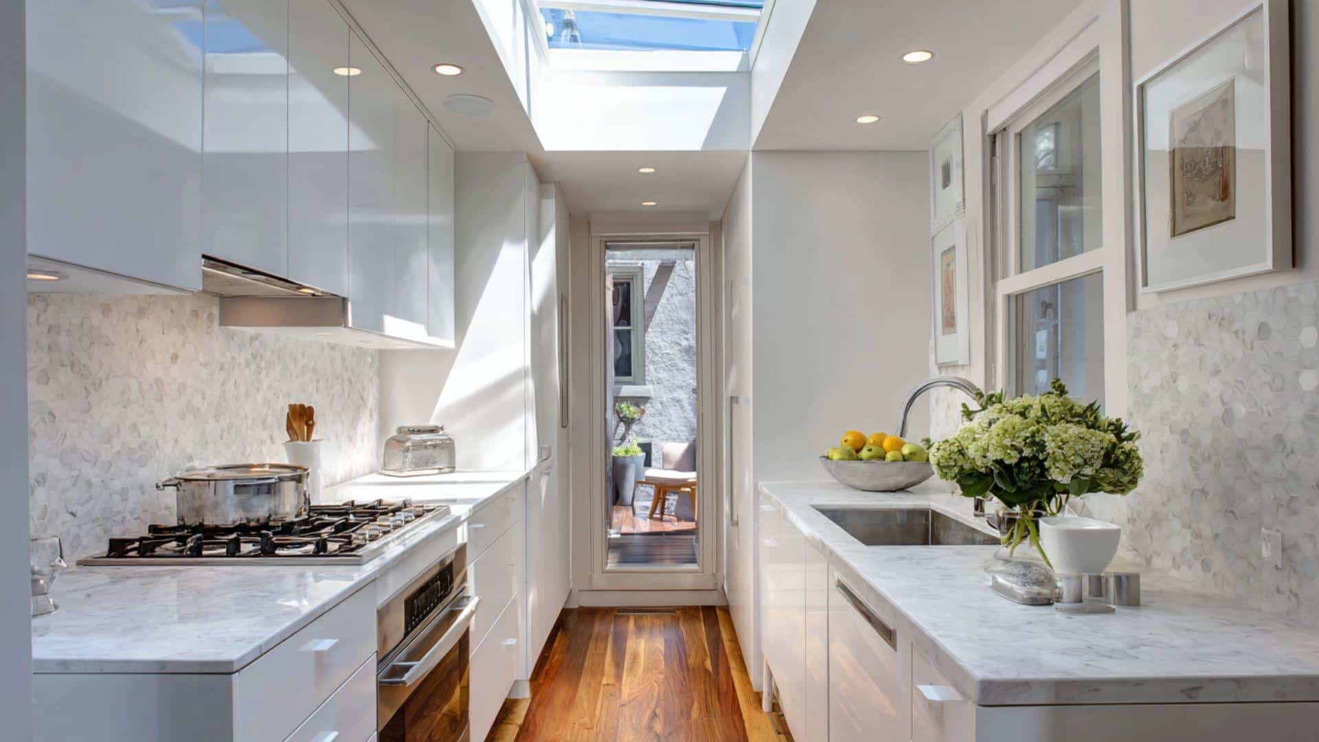 Ultra-narrow Galley Kitchen with Skylight for Natural Light